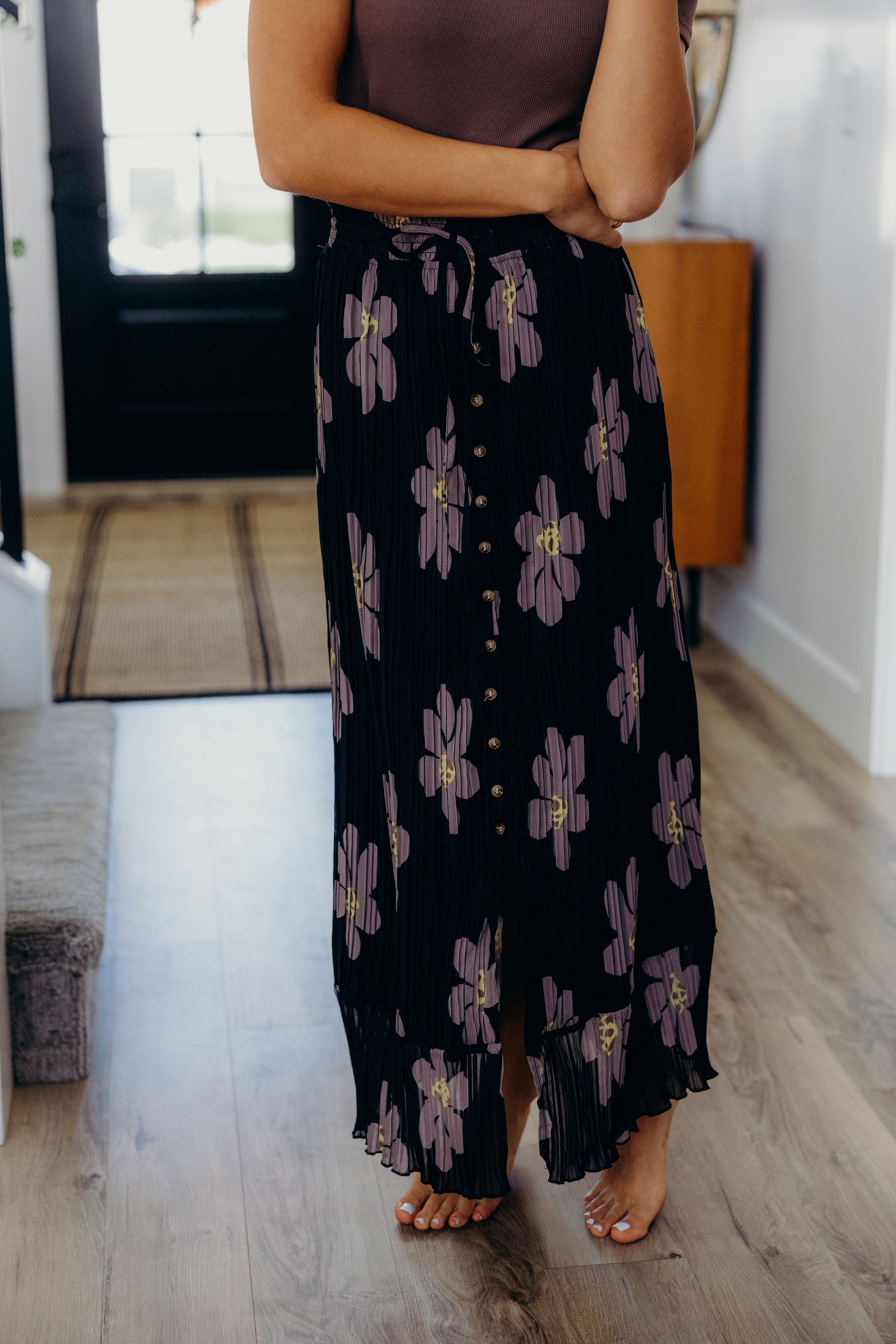 BUTTON FRONT MAXI IN BROWN FLORAL FINAL SALE