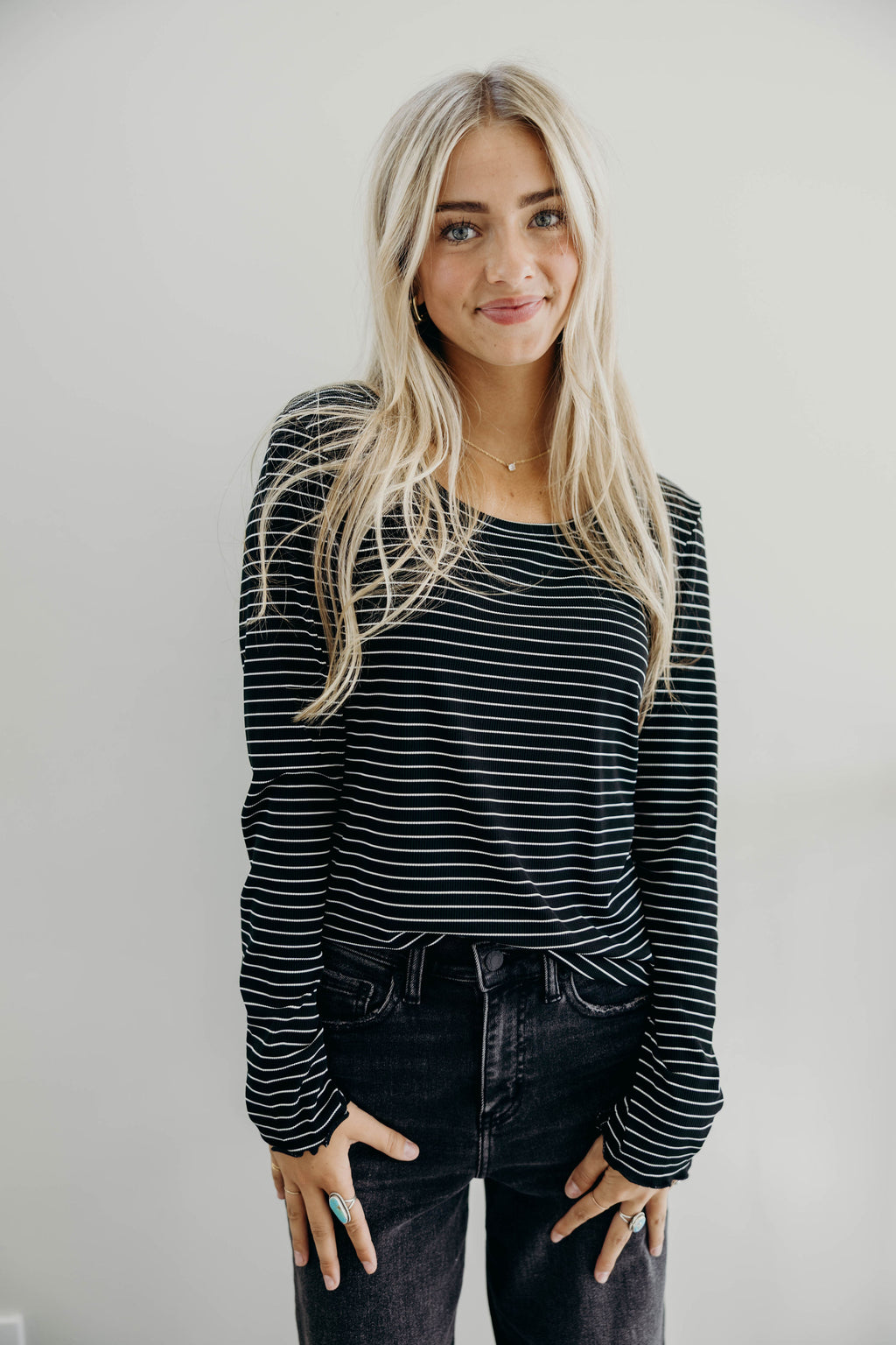 LONG SLEEVE RIBBED TEE IN BLACK STRIPE FINAL SALE