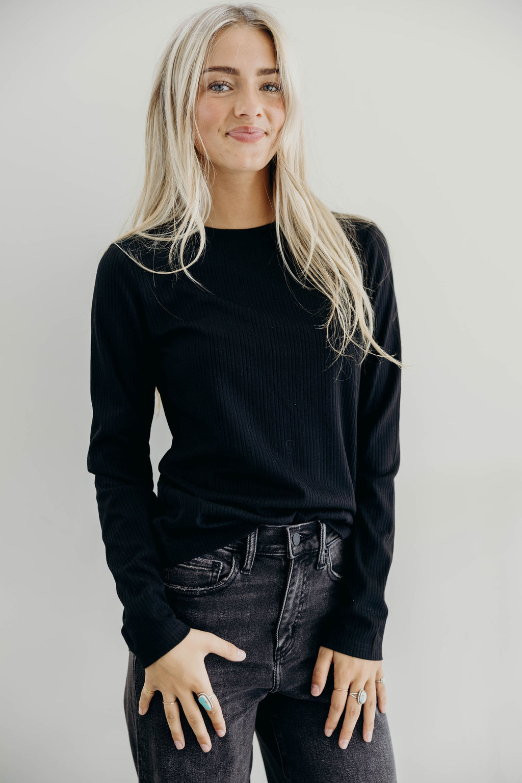 POINTELLE LONG SLEEVE TEE IN BLACK