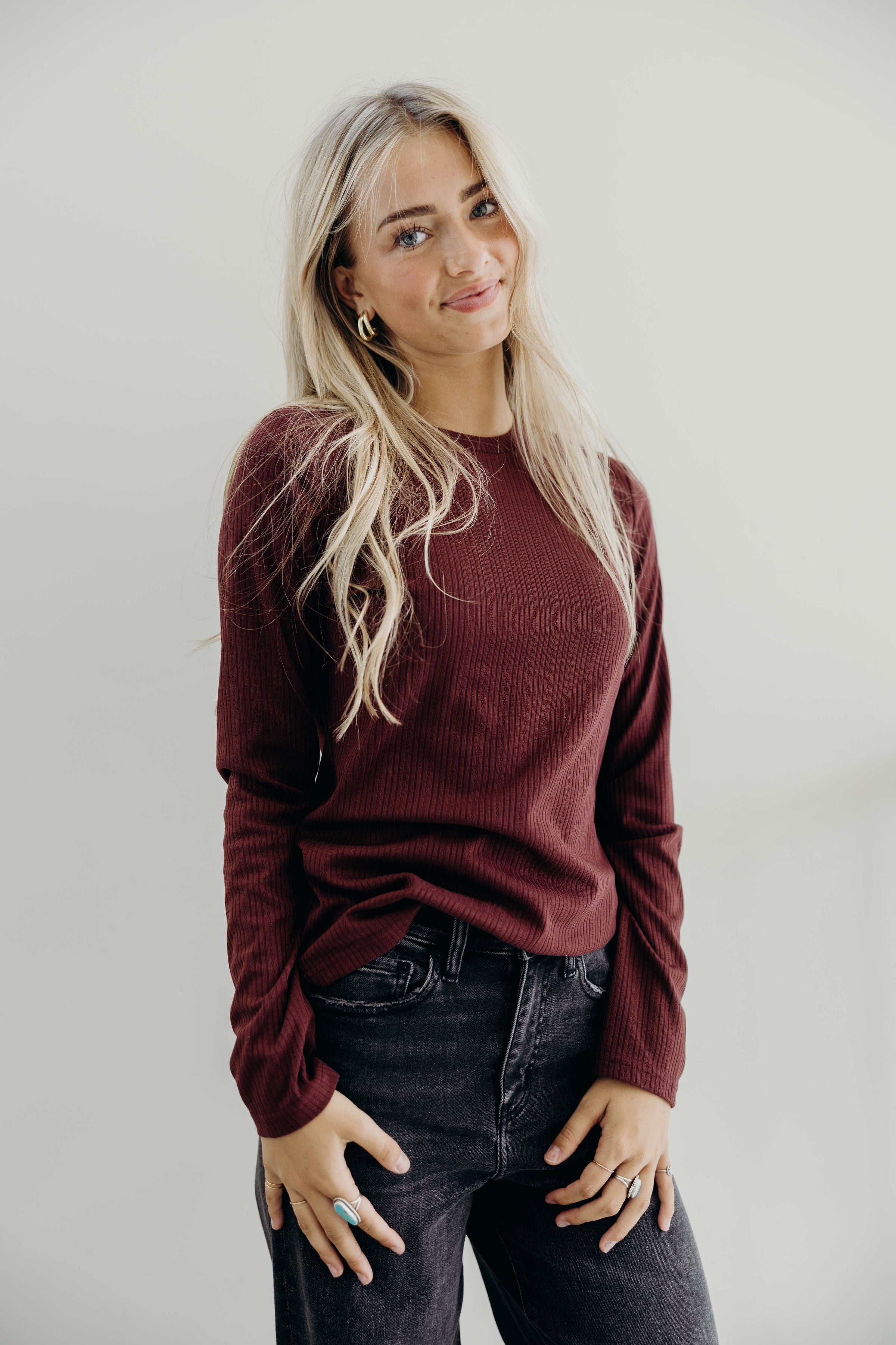 POINTELLE LONG SLEEVE TEE IN WINE FINAL SALE