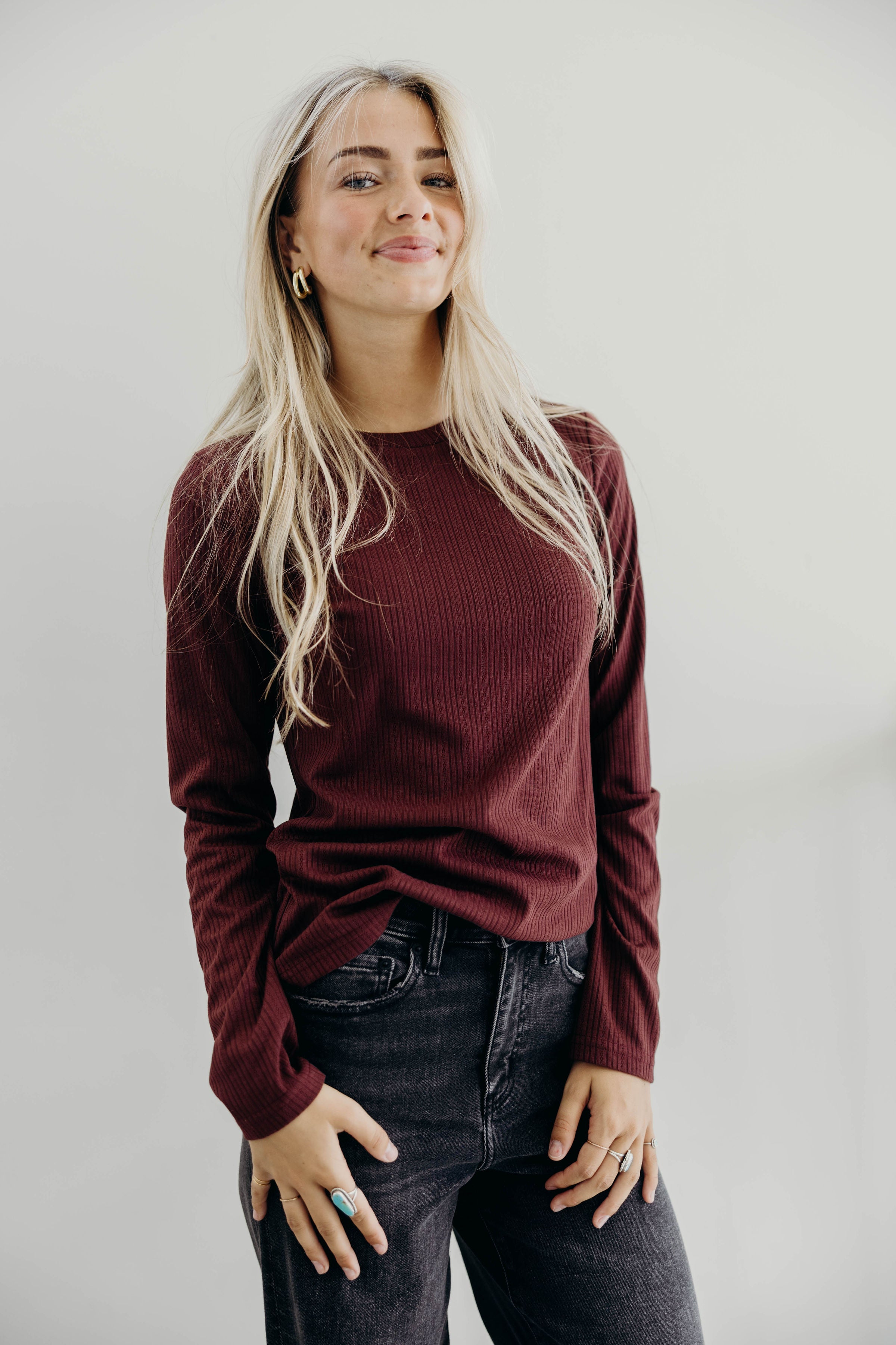 POINTELLE LONG SLEEVE TEE IN WINE FINAL SALE