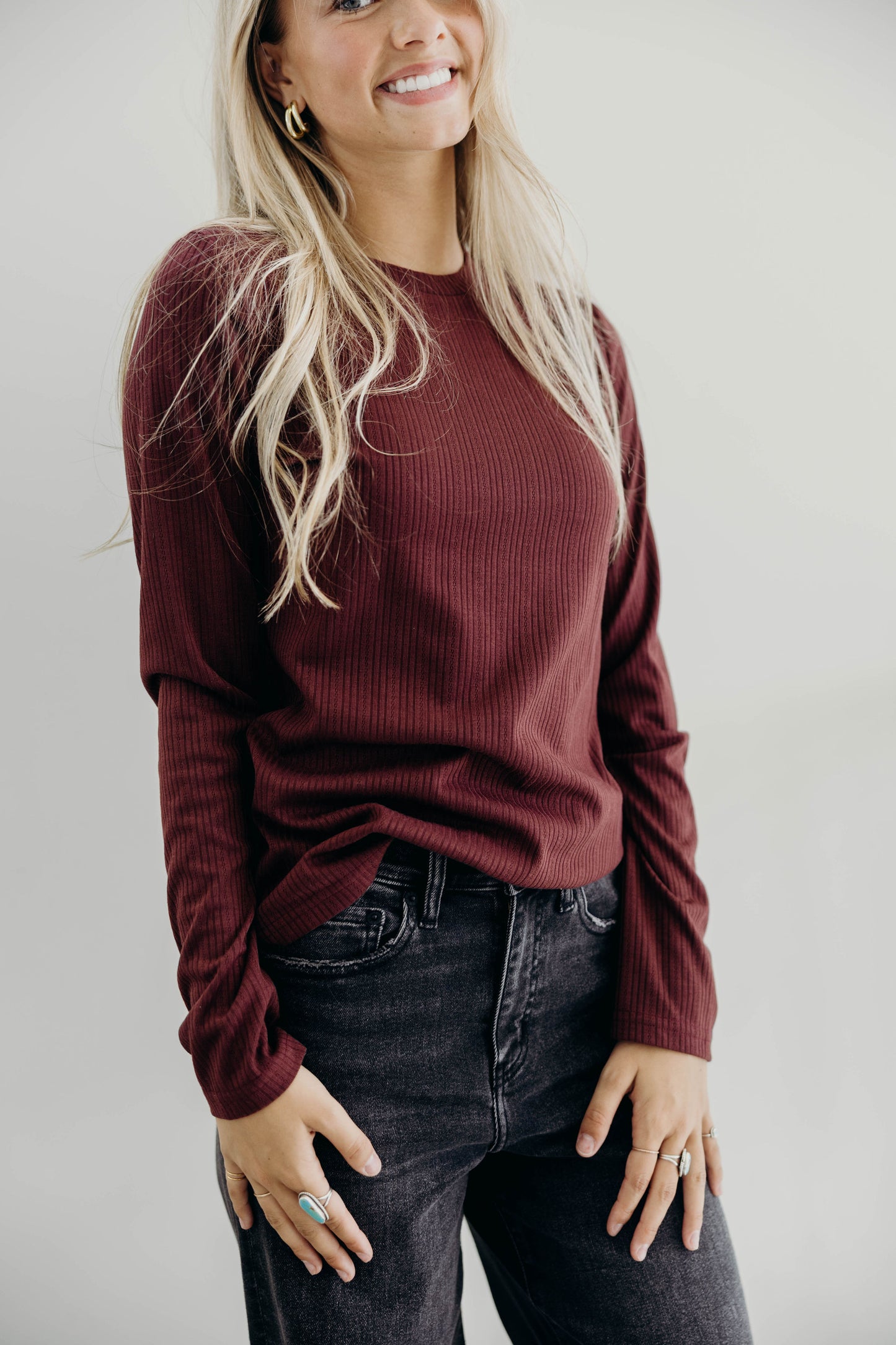 POINTELLE LONG SLEEVE TEE IN WINE