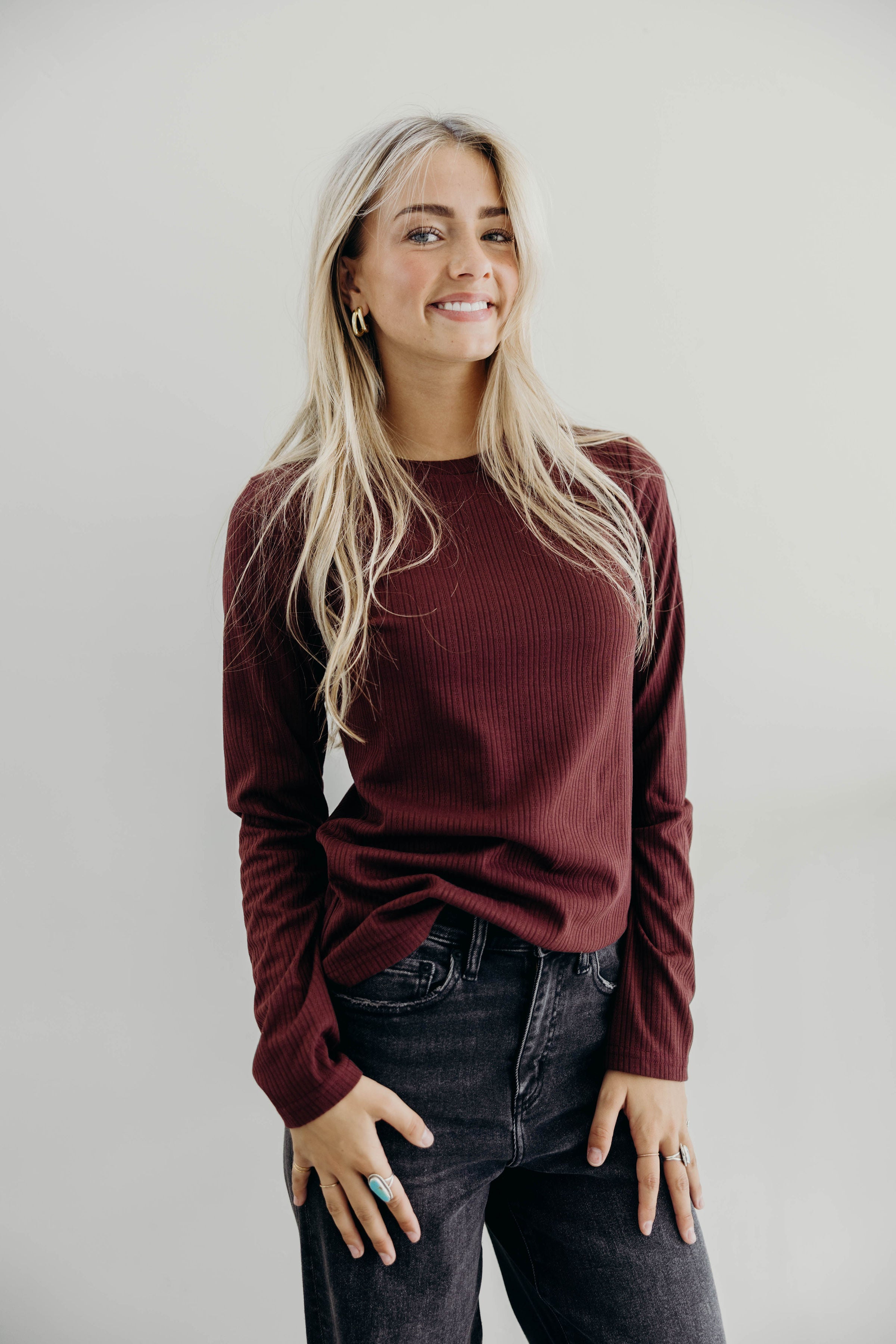 POINTELLE LONG SLEEVE TEE IN WINE FINAL SALE