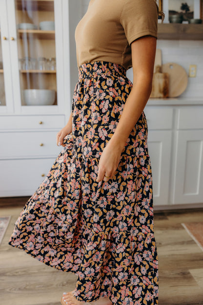 TIERED MAXI SKIRT IN PERSIMMON