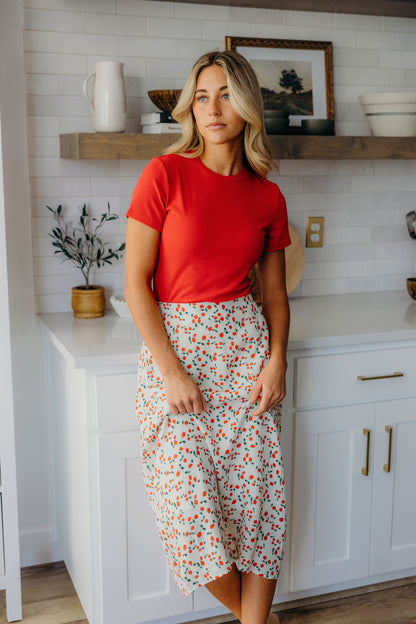 TEXTURED MIDI SKIRT IN CHERRY PIE