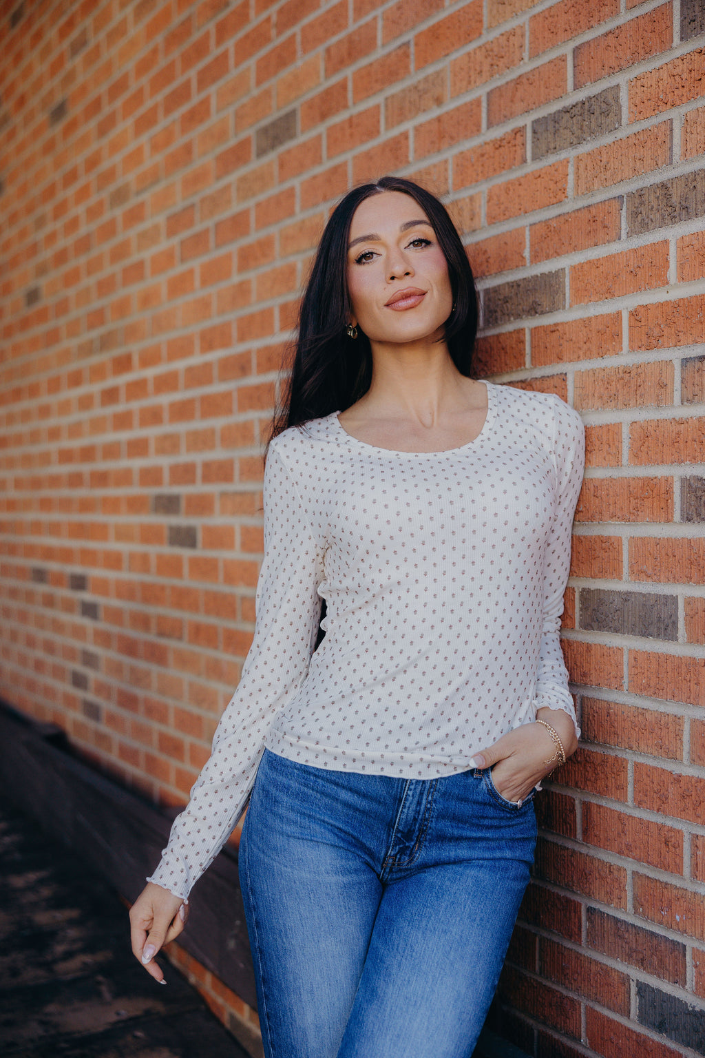 LONG SLEEVE RIBBED TEE IN ACORN DOT