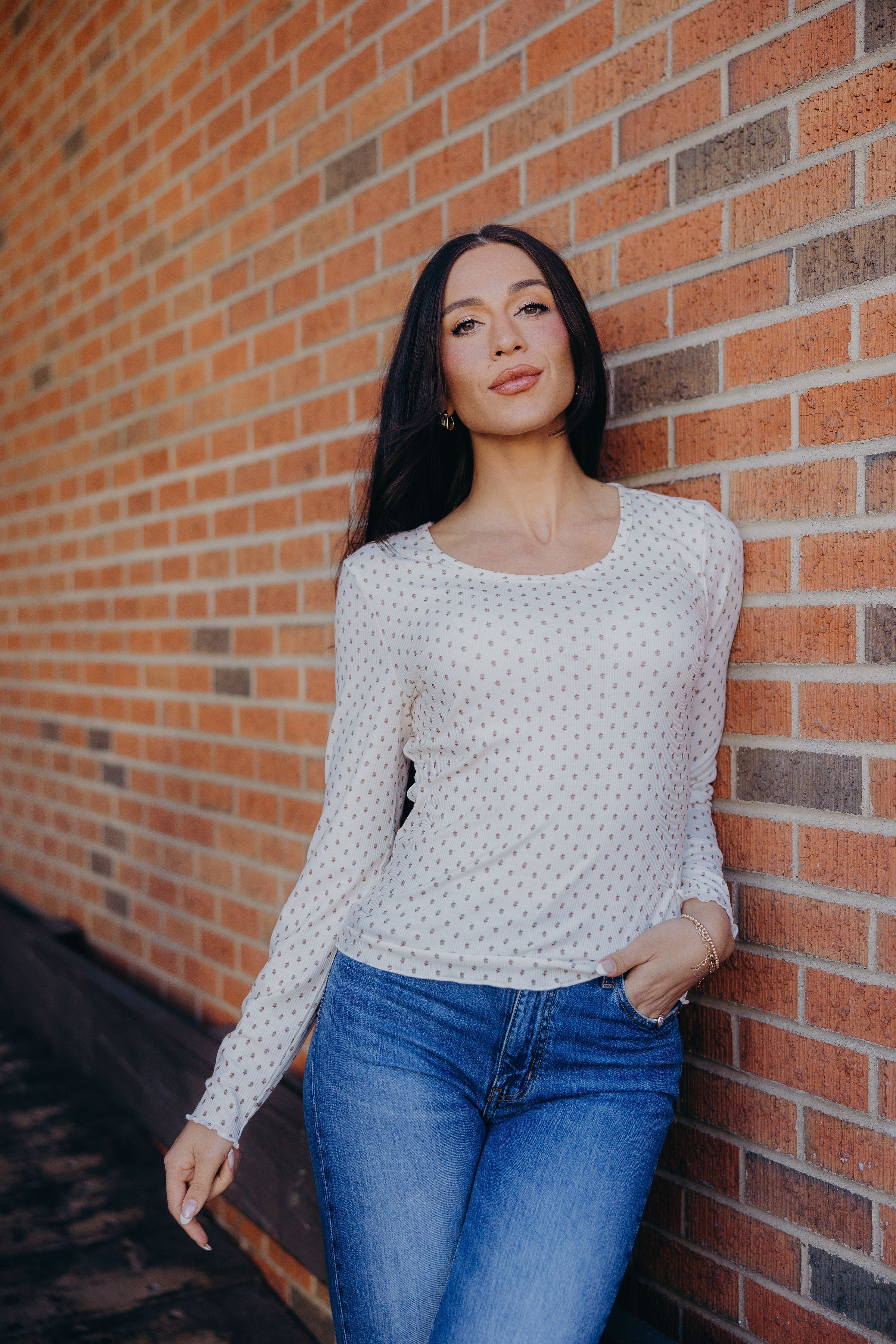 LONG SLEEVE RIBBED TEE IN ACORN DOT