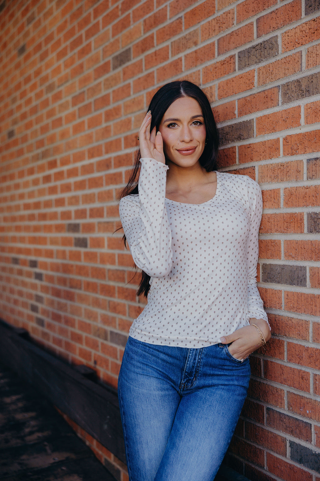 LONG SLEEVE RIBBED TEE IN ACORN DOT