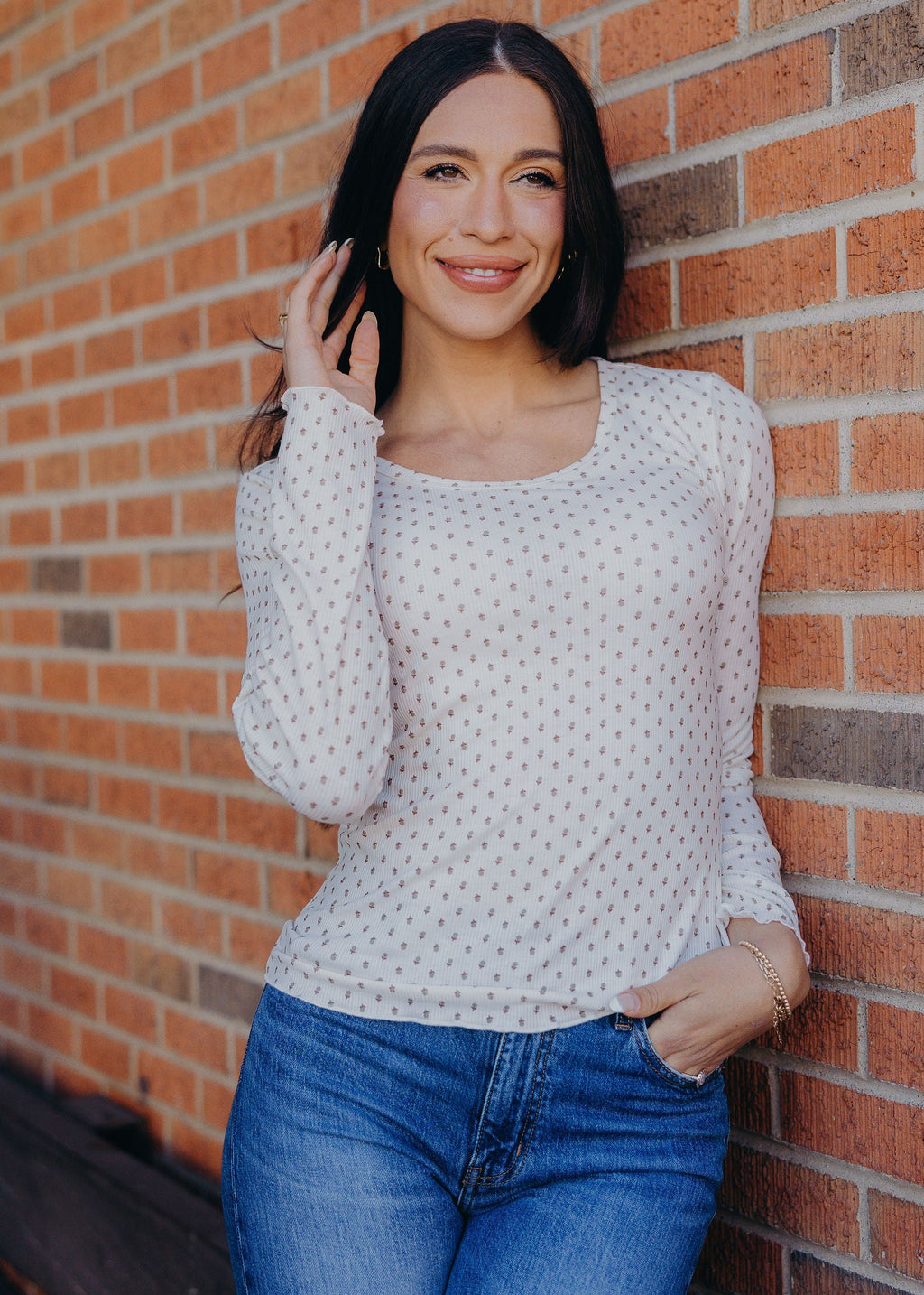 LONG SLEEVE RIBBED TEE IN ACORN DOT