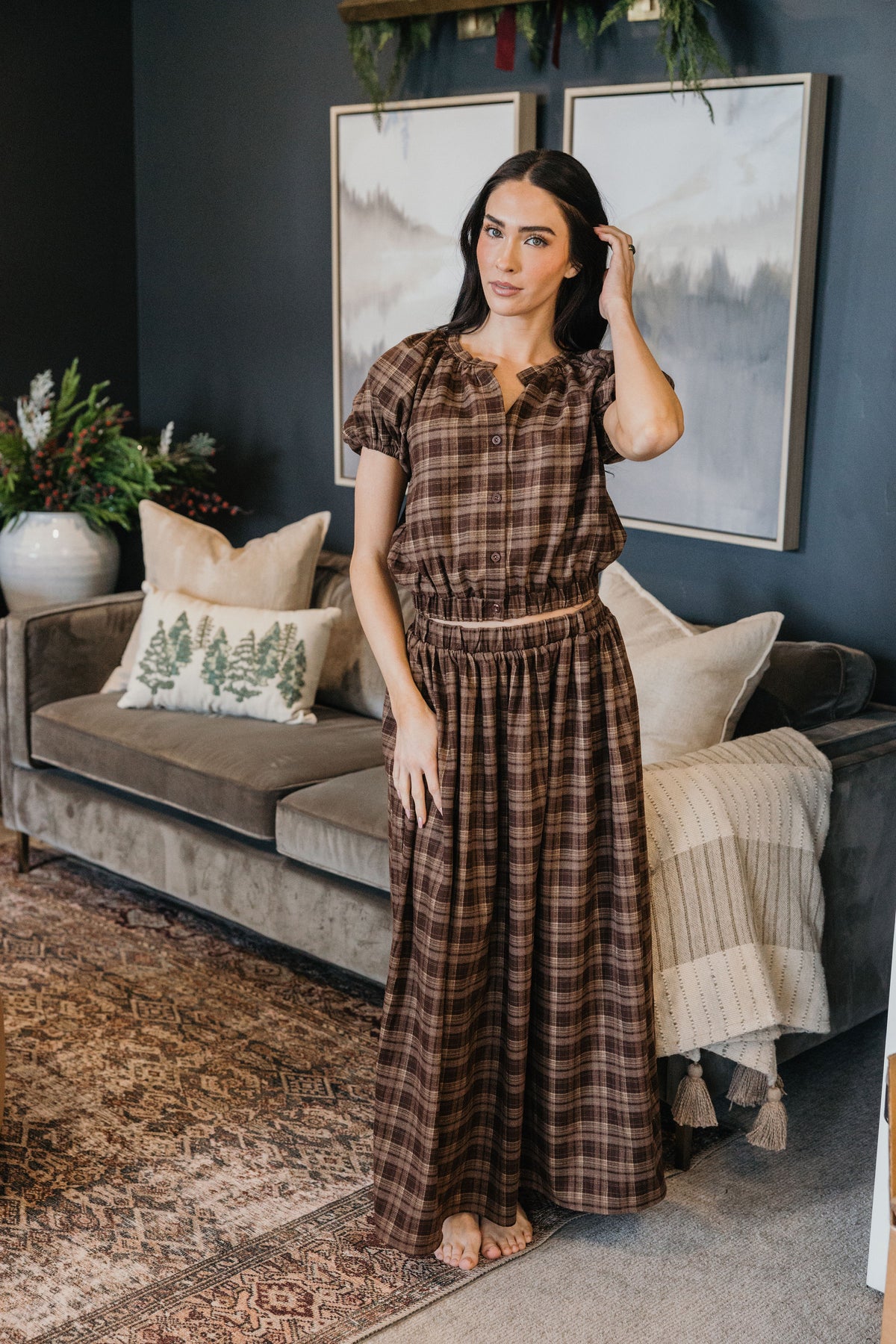 GATHERED HEM TOP IN WINTER HEARTH PLAID