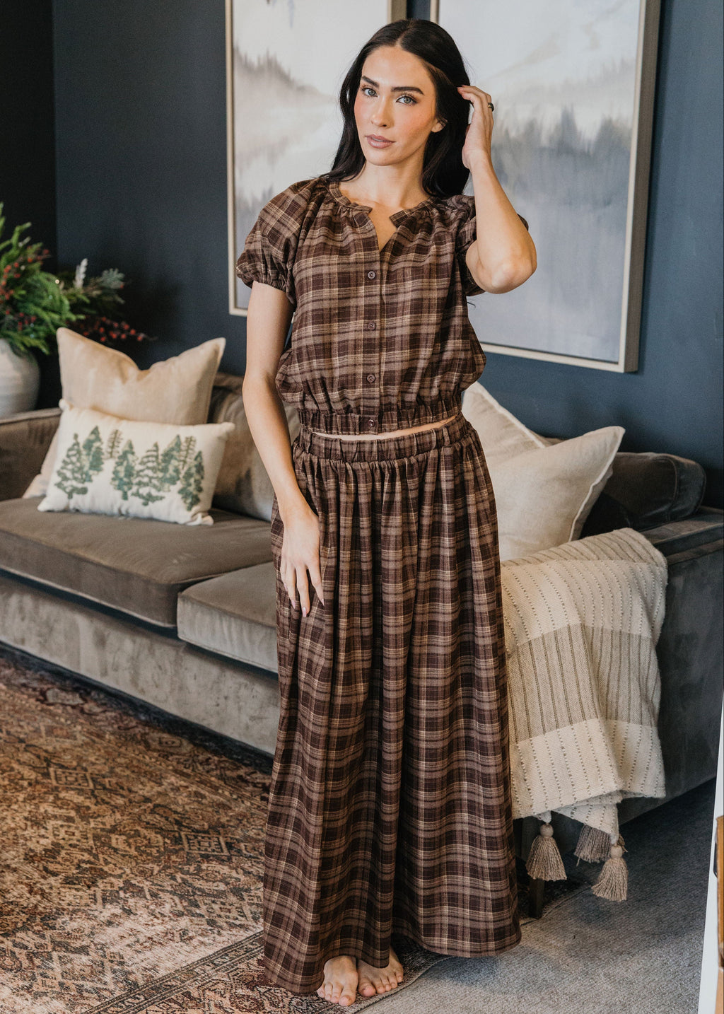 GATHERED MIDI SKIRT IN WINTER HEARTH PLAID