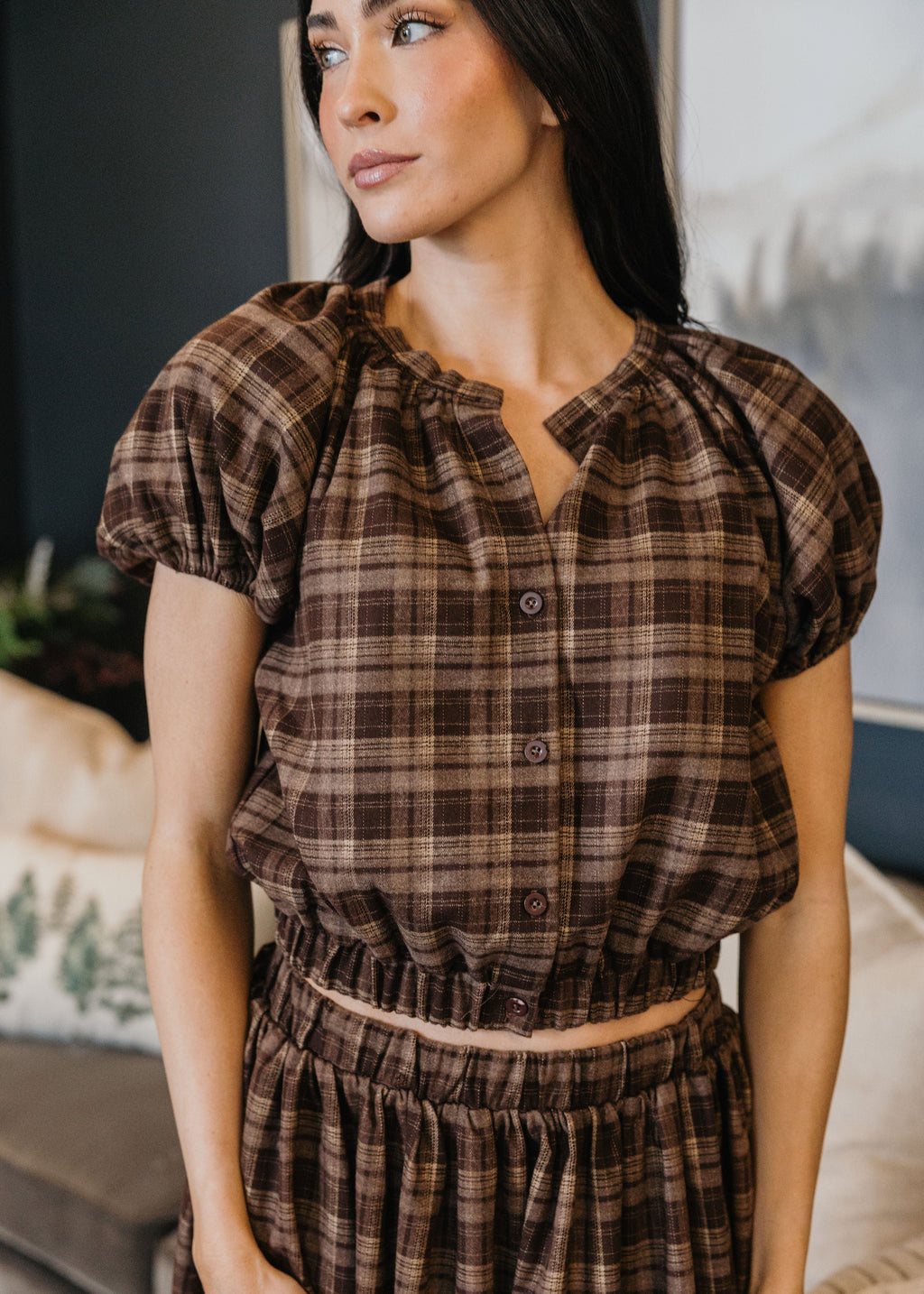 GATHERED HEM TOP IN WINTER HEARTH PLAID