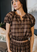 GATHERED HEM TOP IN WINTER HEARTH PLAID