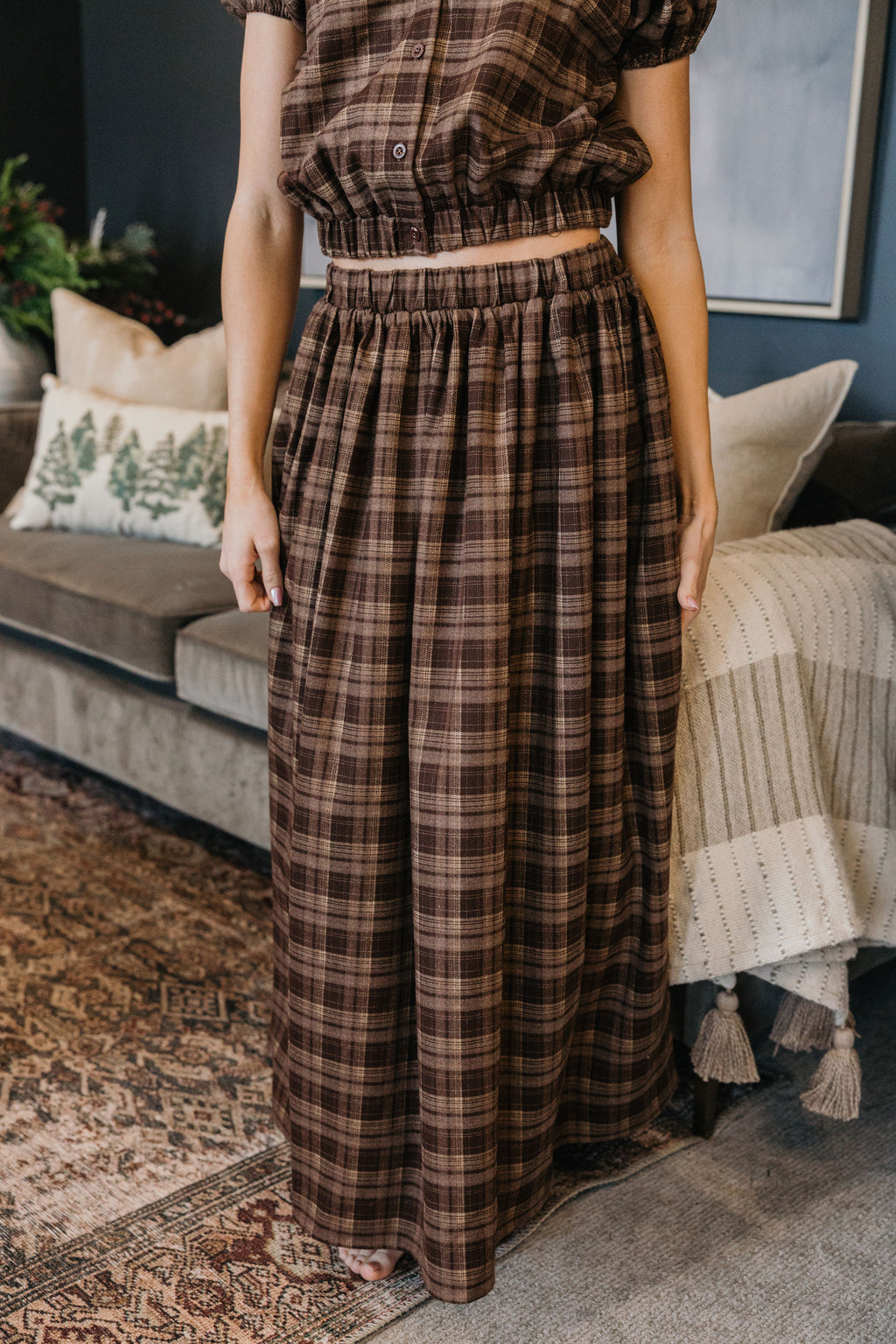 GATHERED MIDI SKIRT IN WINTER HEARTH PLAID