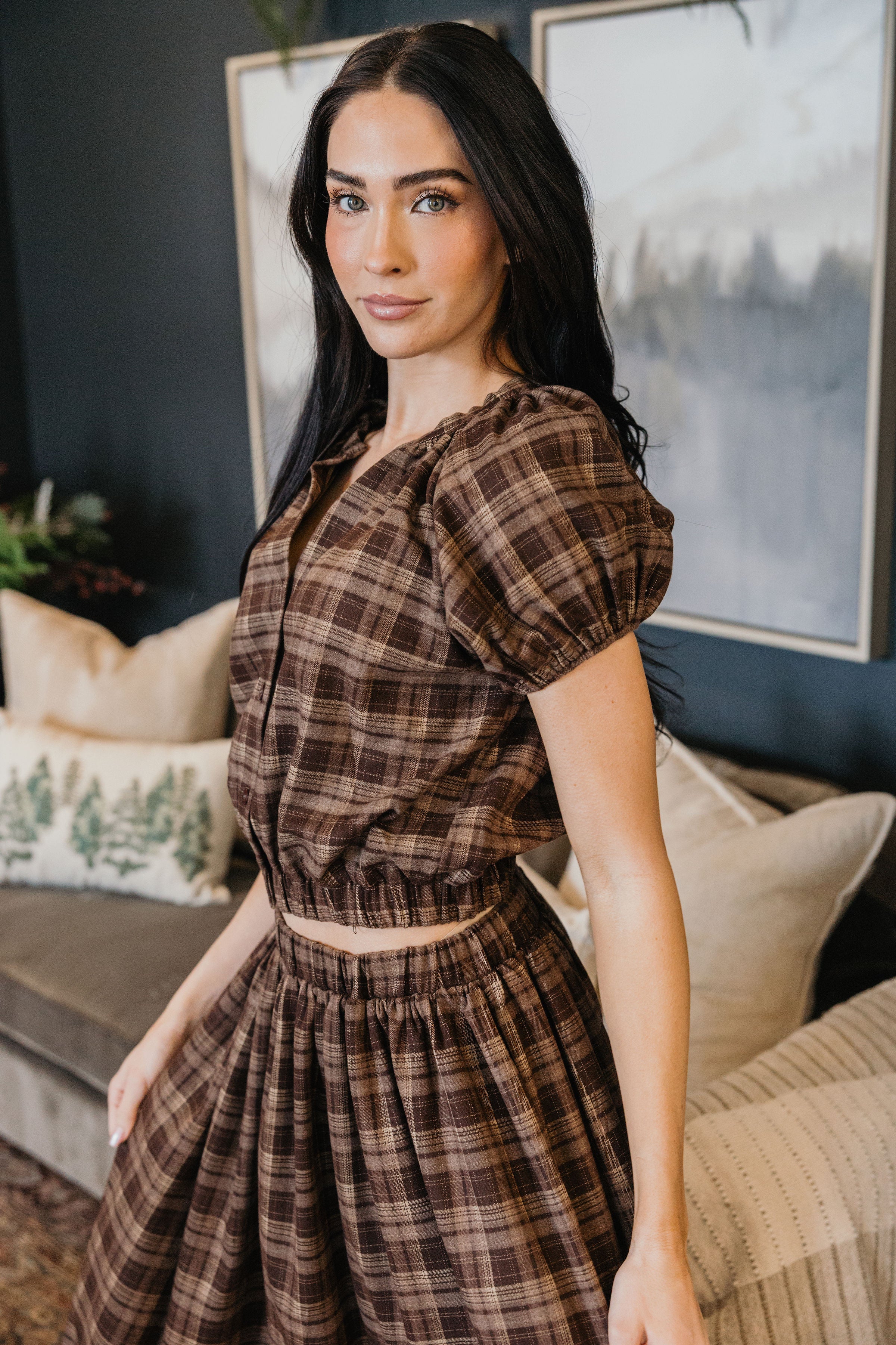 GATHERED HEM TOP IN WINTER HEARTH PLAID