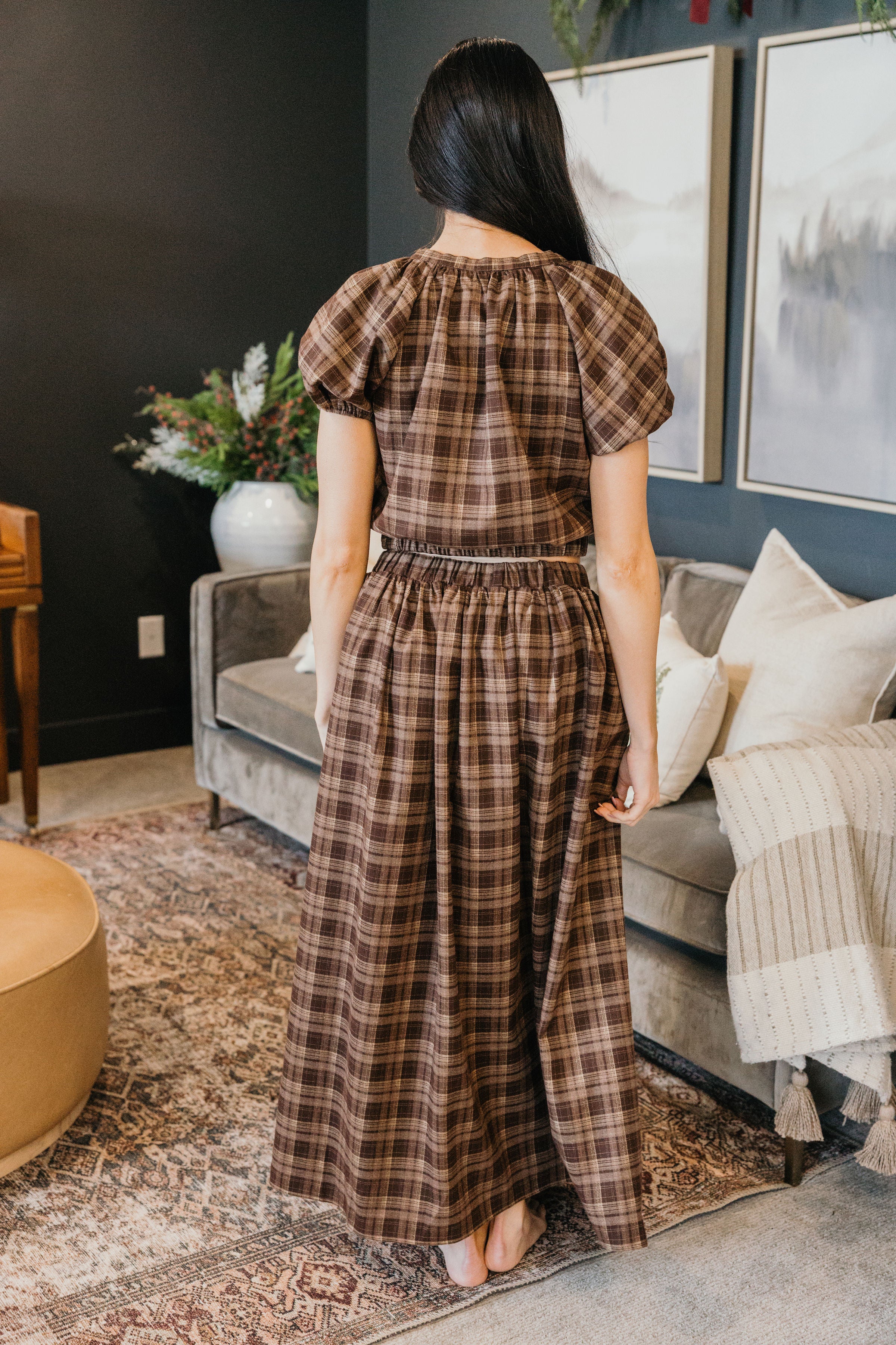 GATHERED MIDI SKIRT IN WINTER HEARTH PLAID