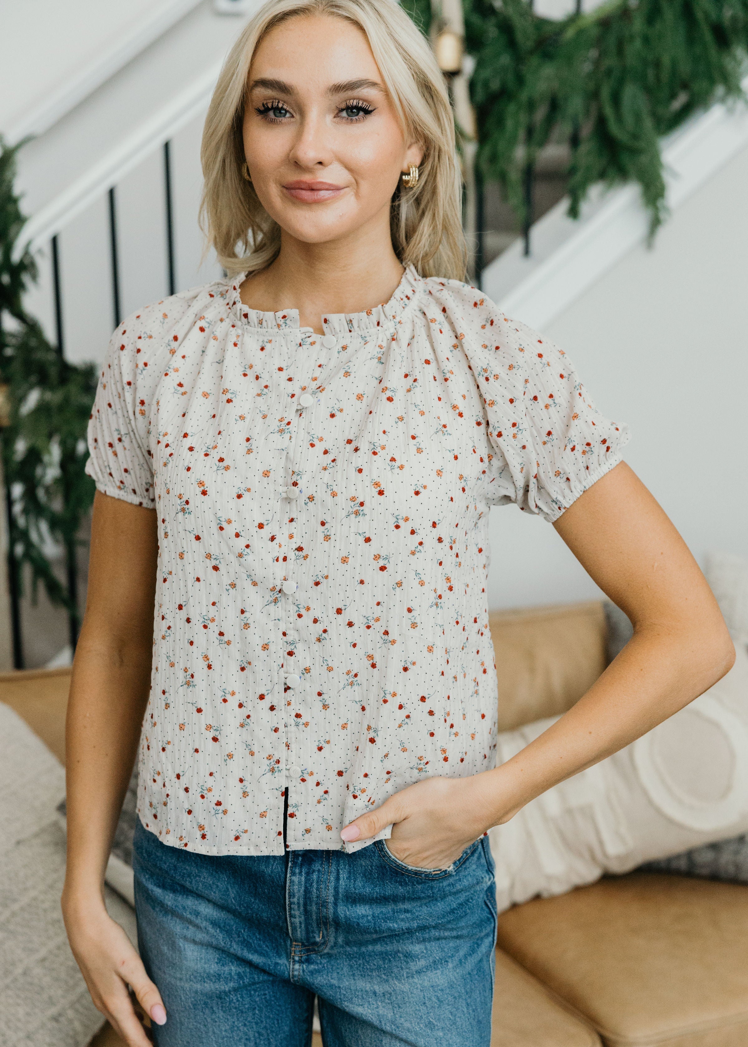 ROMANTIC RUFFLE BLOUSE IN DOTTED COTTAGE