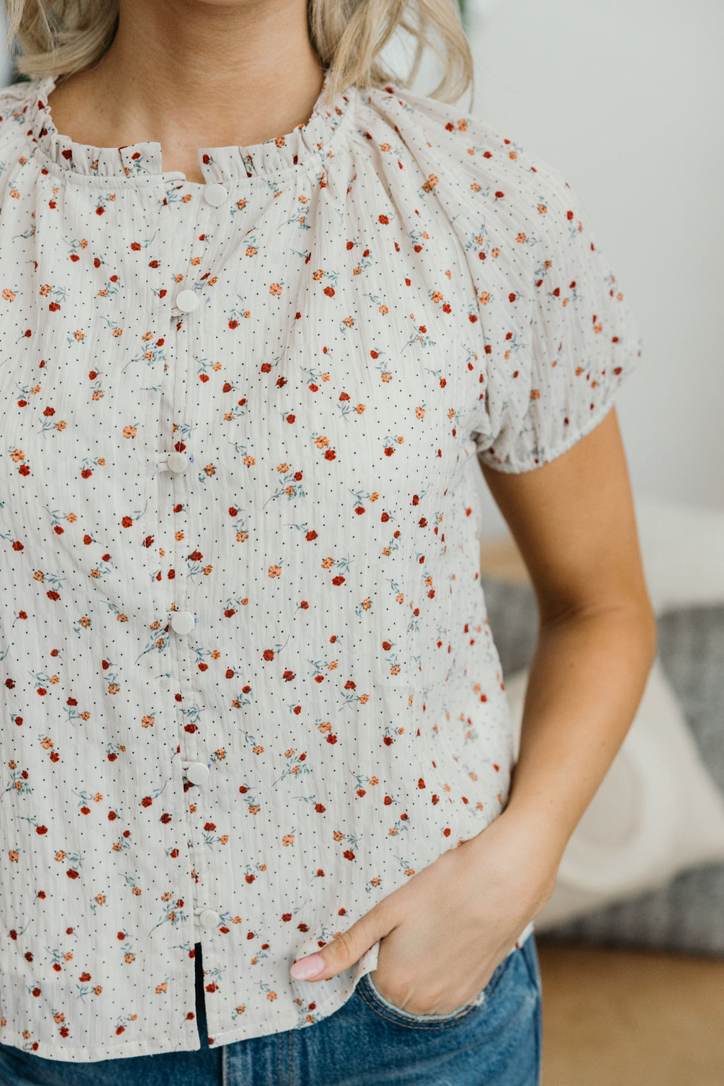 ROMANTIC RUFFLE BLOUSE IN DOTTED COTTAGE