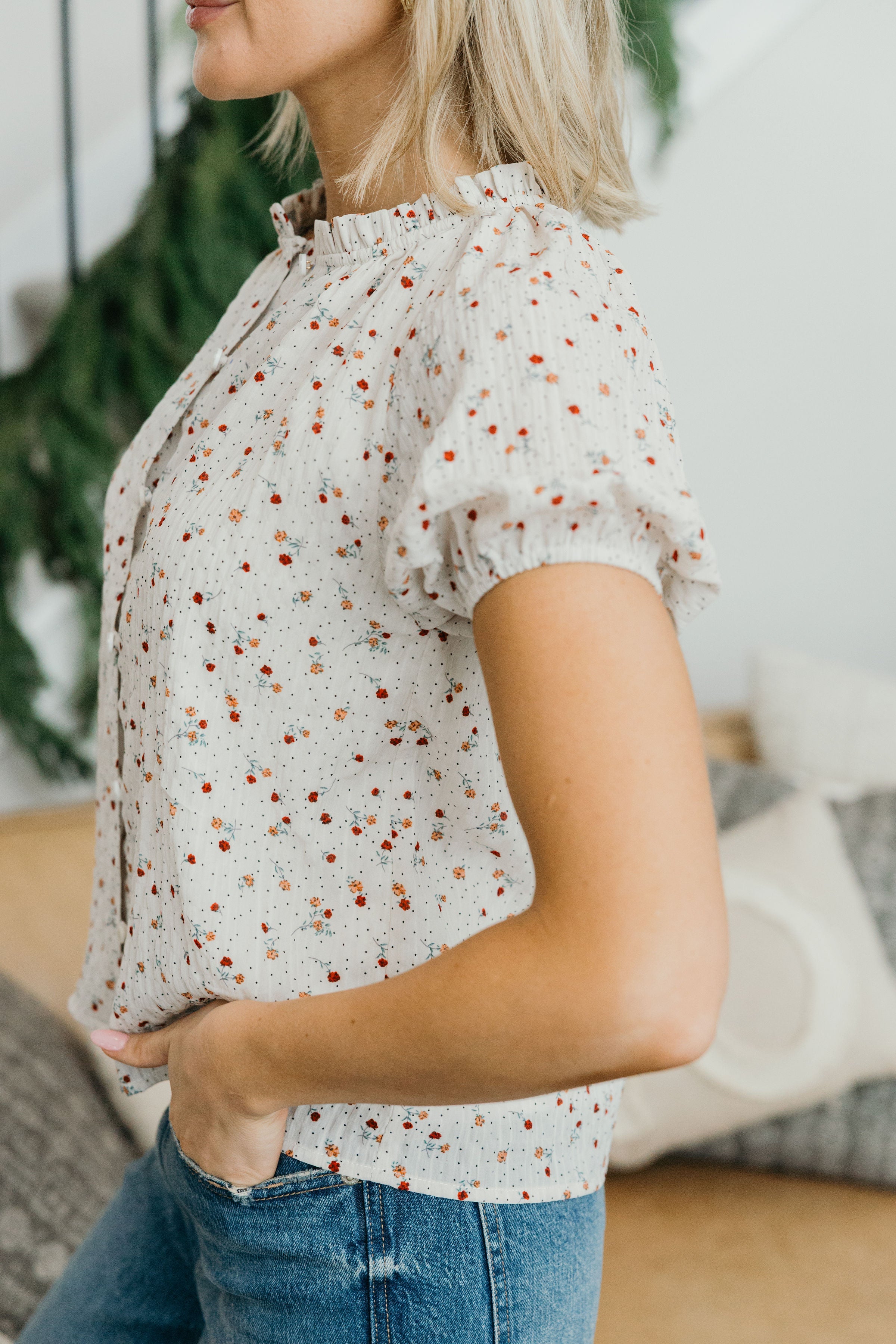 ROMANTIC RUFFLE BLOUSE IN DOTTED COTTAGE