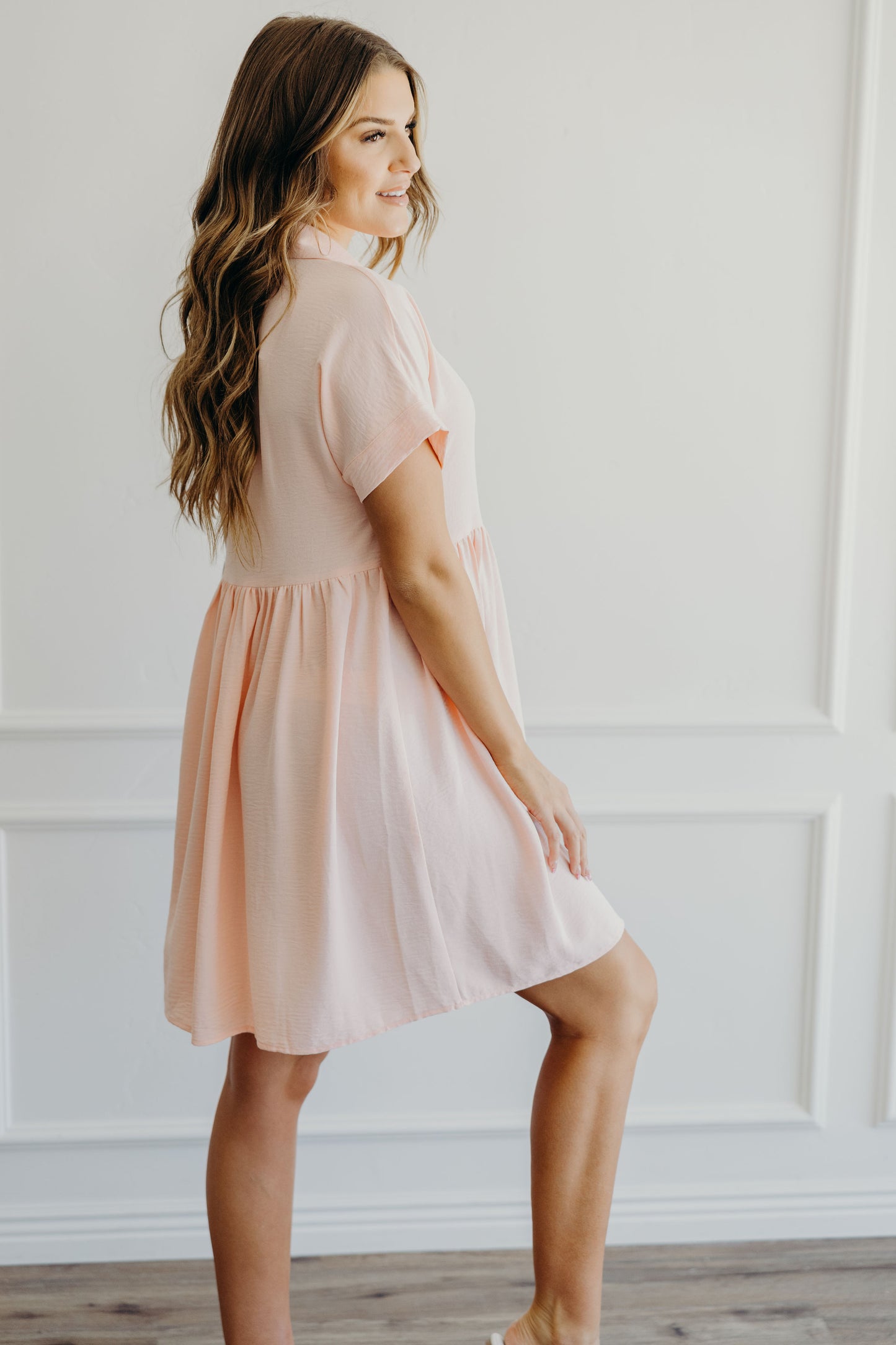 Short sleeve blush dress with natural waistline.