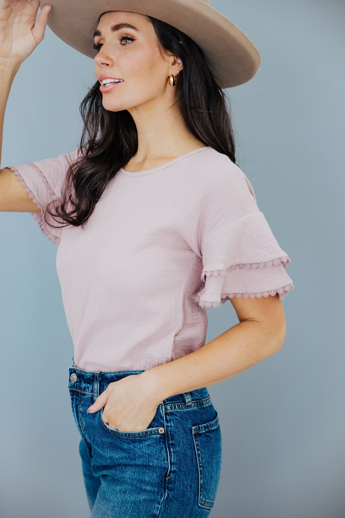 LACE TRIM BLOUSE IN ELDERBERRY FINAL SALE