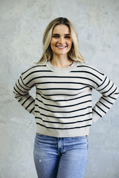 STRIPED KNIT SWEATER IN LATTE