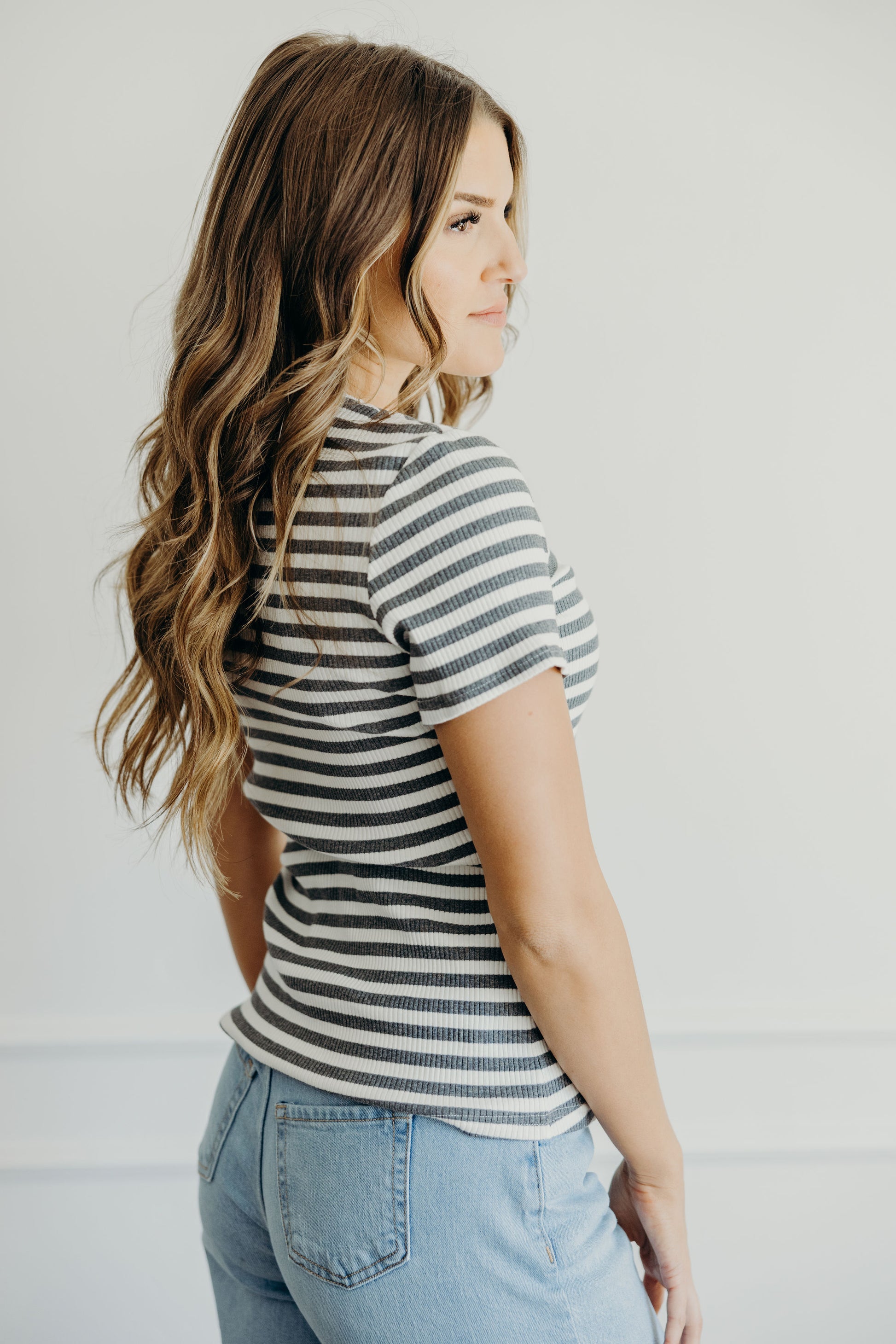 Short sleeve tee with wide stripes.