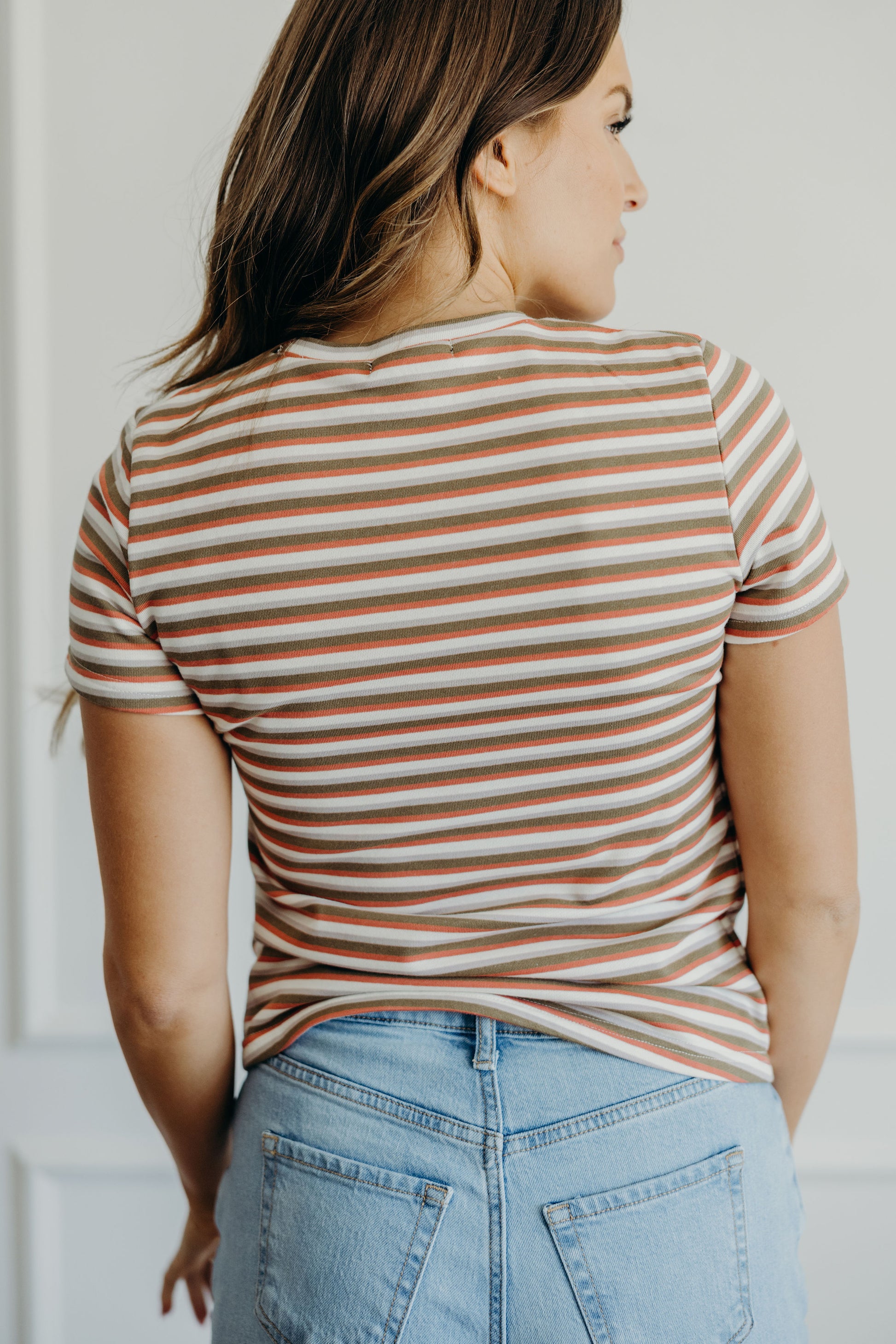 Short sleeve narrow striped tee with cactus color pallet.