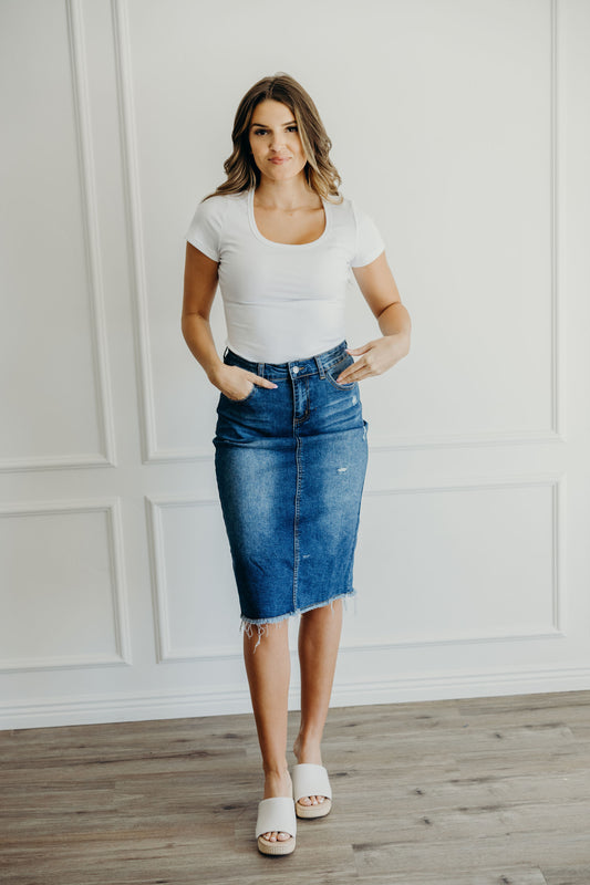 DISTRESSED DENIM SKIRT IN DENIM BLUE FINAL SALE