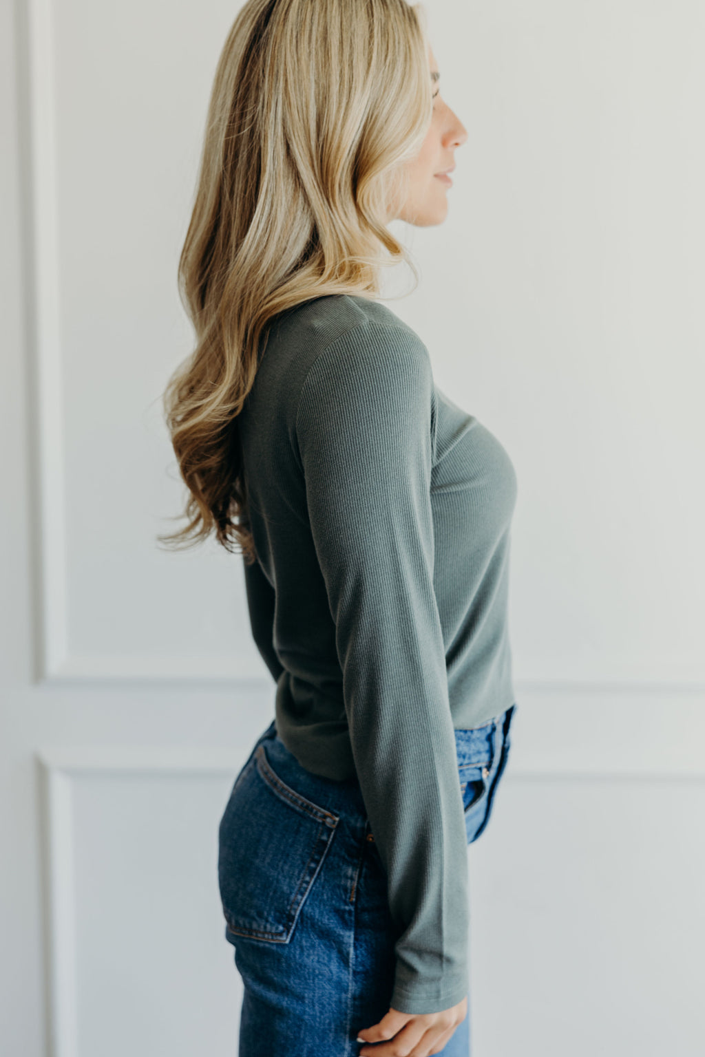 HIGH NECK LONG SLEEVE TEE IN ASPEN GREEN  FINAL SALE