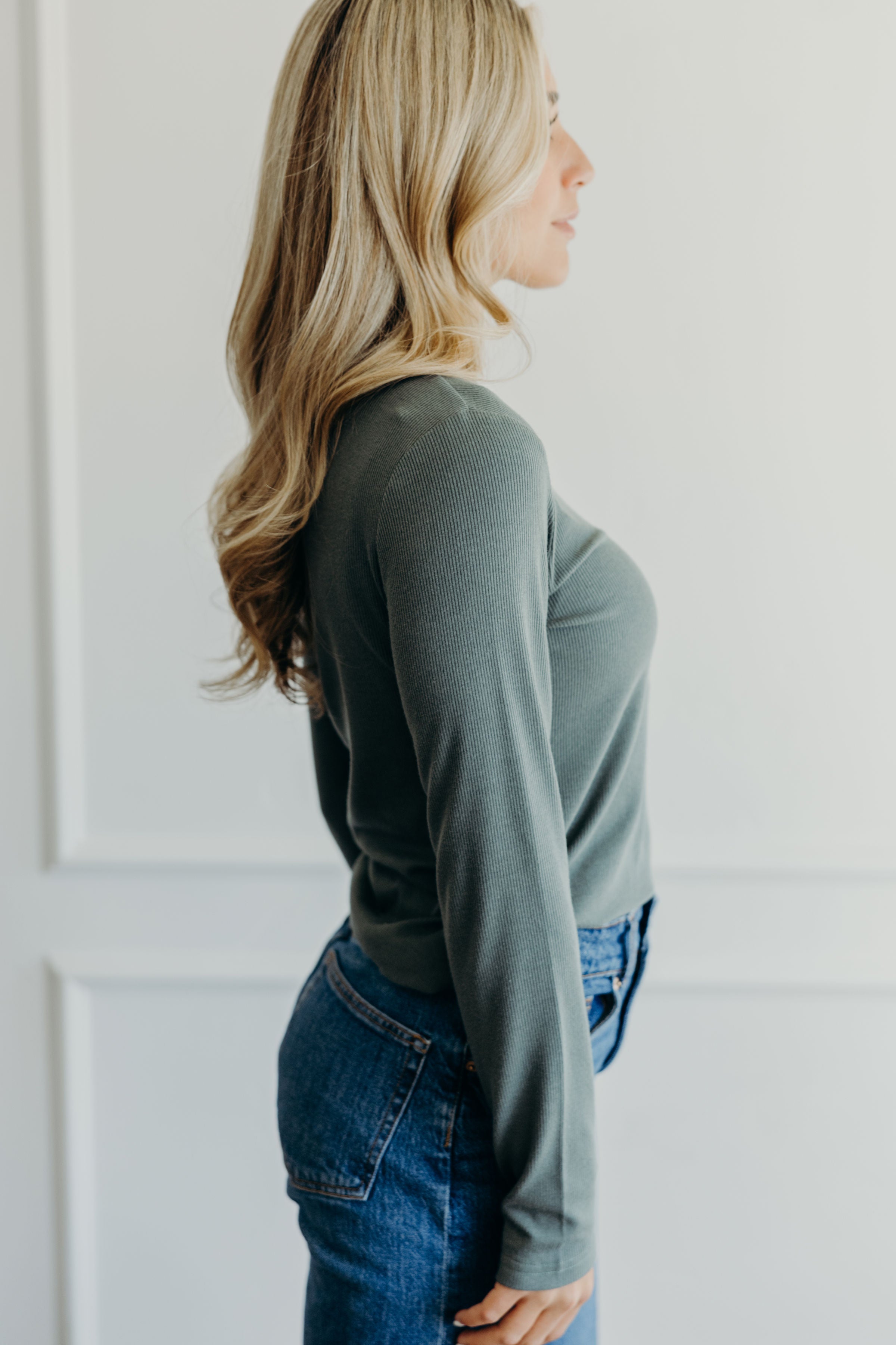 HIGH NECK LONG SLEEVE TEE IN ASPEN GREEN  FINAL SALE