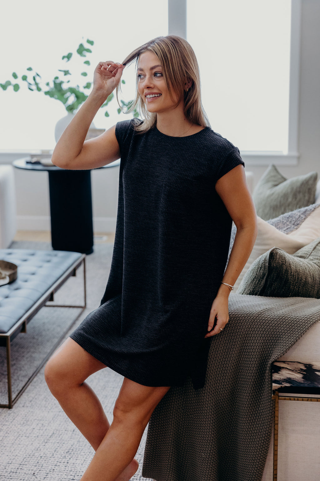 Short  textured shift dress with high neckline.