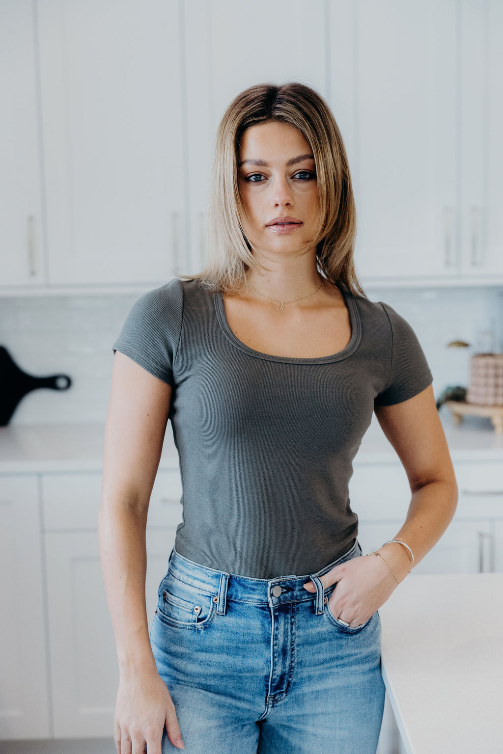 RIBBED SWEATER SCOOP TEE IN BASIL FINAL SALE