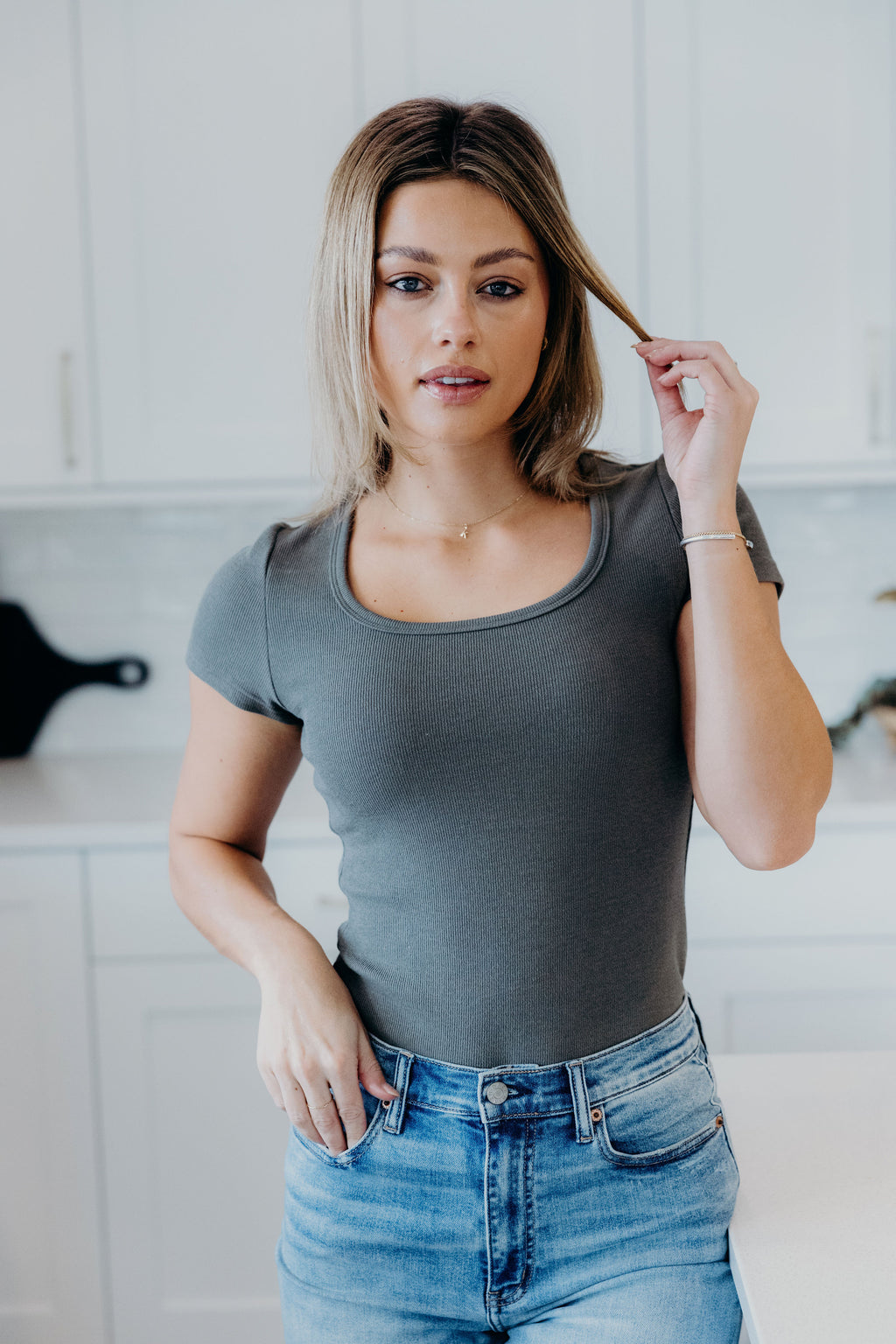 RIBBED SWEATER SCOOP TEE IN BASIL FINAL SALE