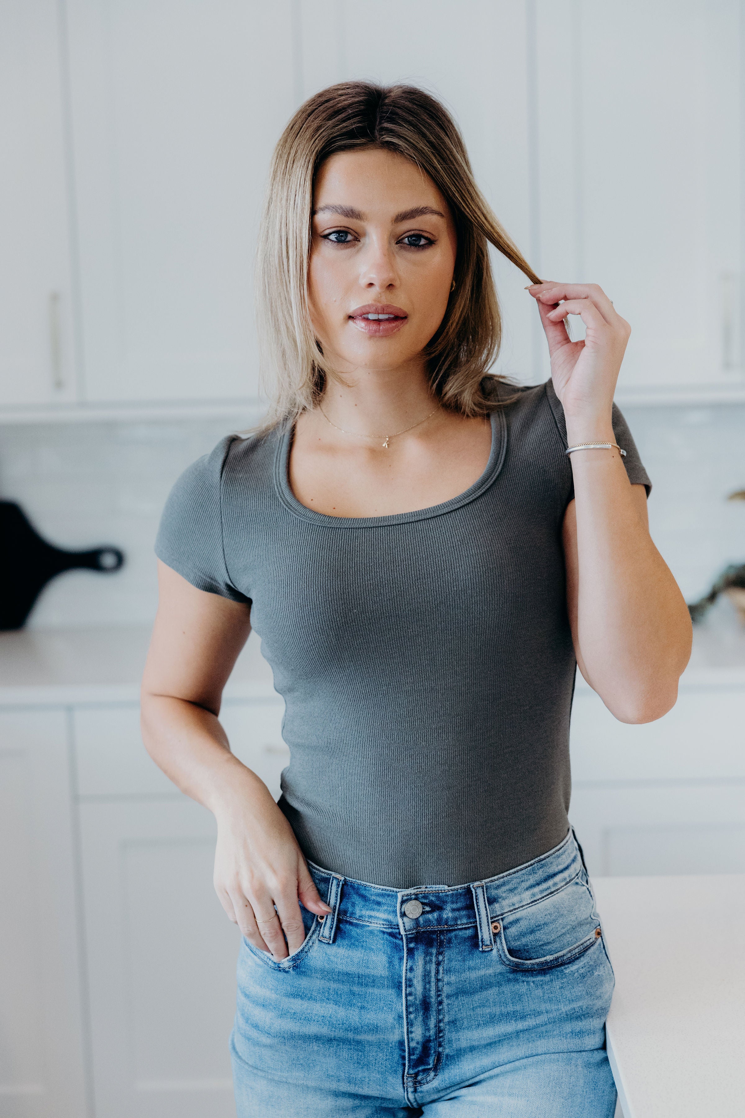 RIBBED SWEATER SCOOP TEE IN BASIL FINAL SALE