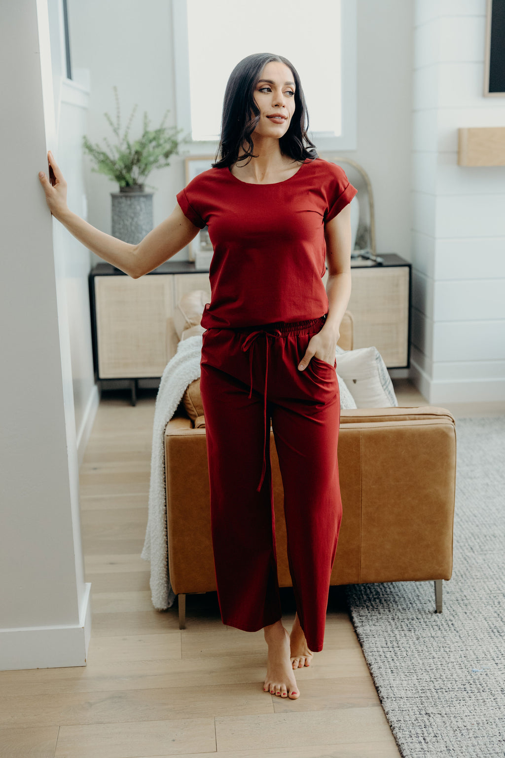 Short sleeve tee with scoop neckline.