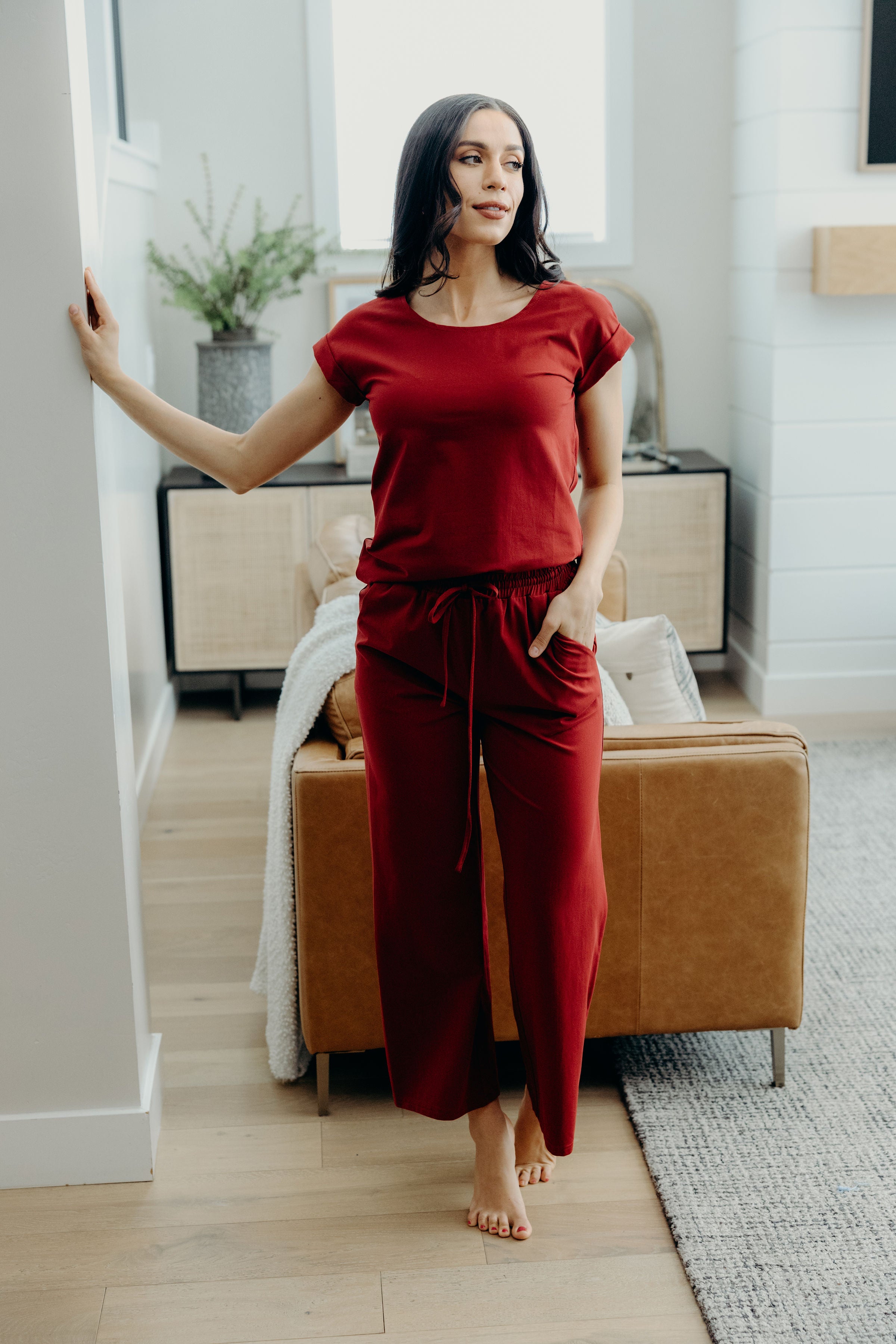 Short sleeve tee with scoop neckline.