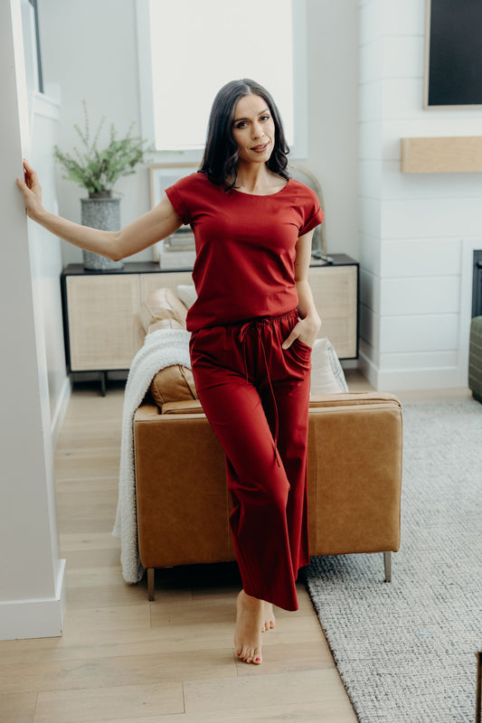 WIDE LEG LOUNGE PANTS IN RUBY RED