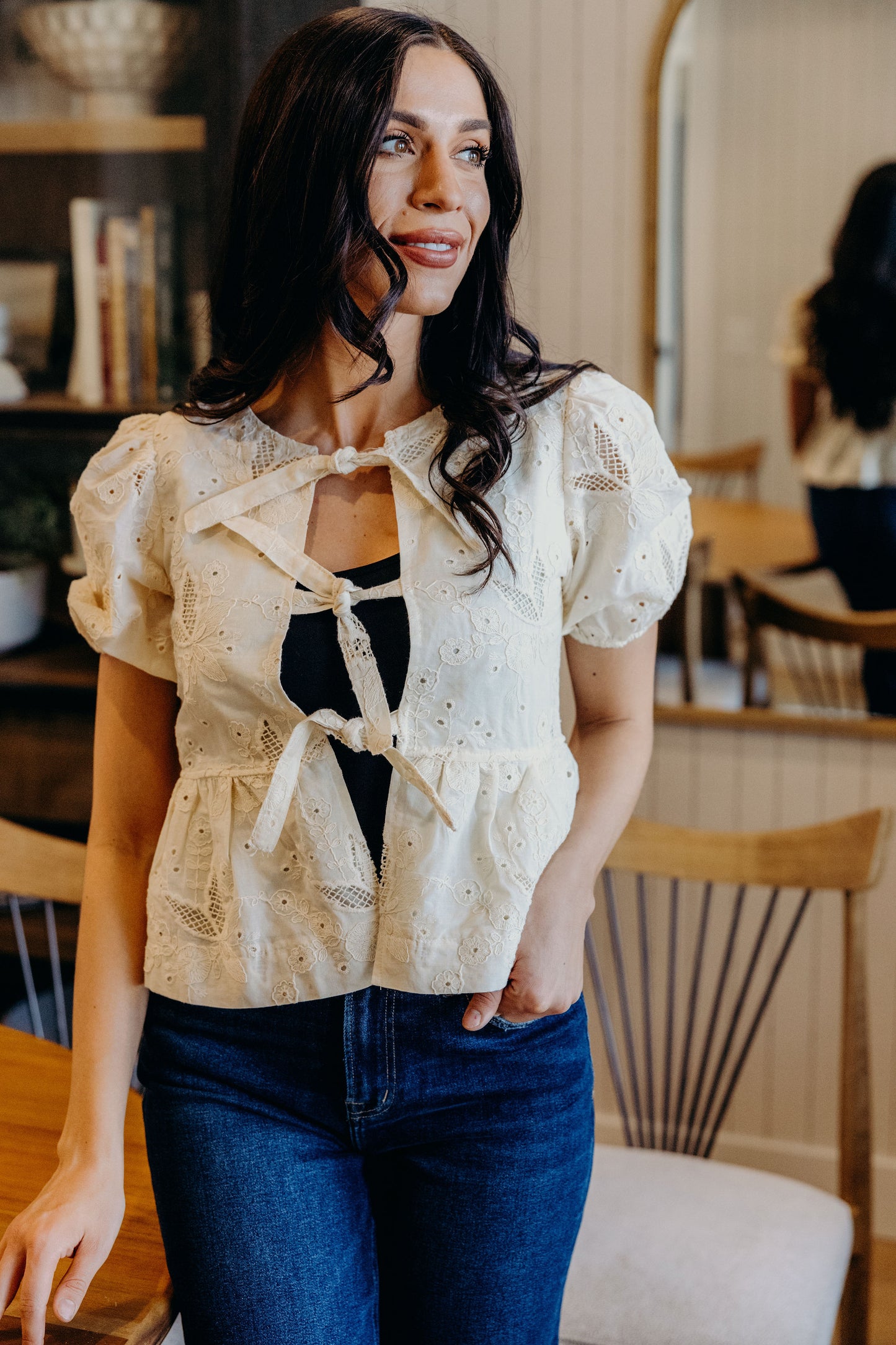 TIE FRONT LACE BLOUSE IN ANTIQUE CREAM