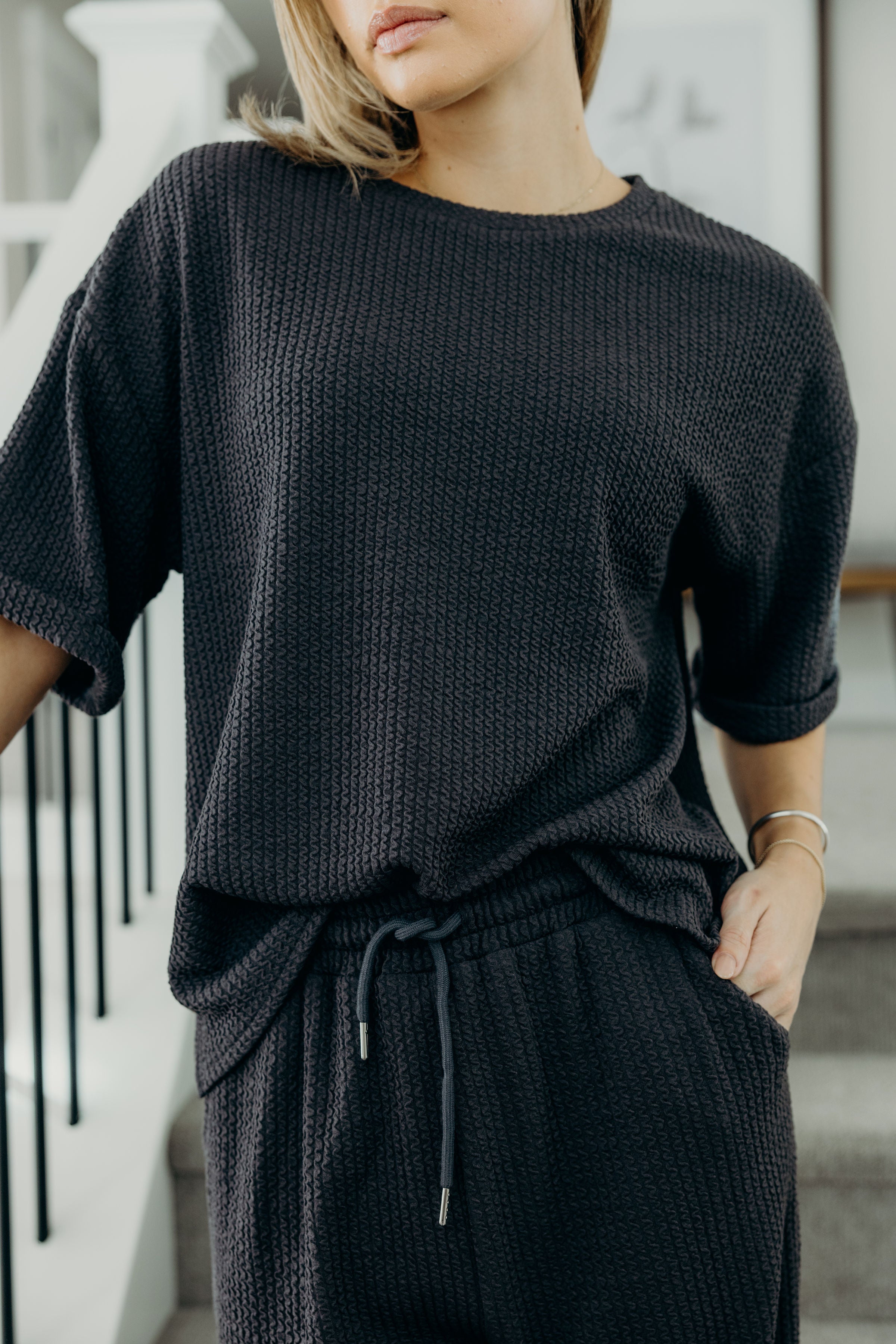 TEXTURED KNIT TOP IN RICH CHARCOAL FINAL SALE