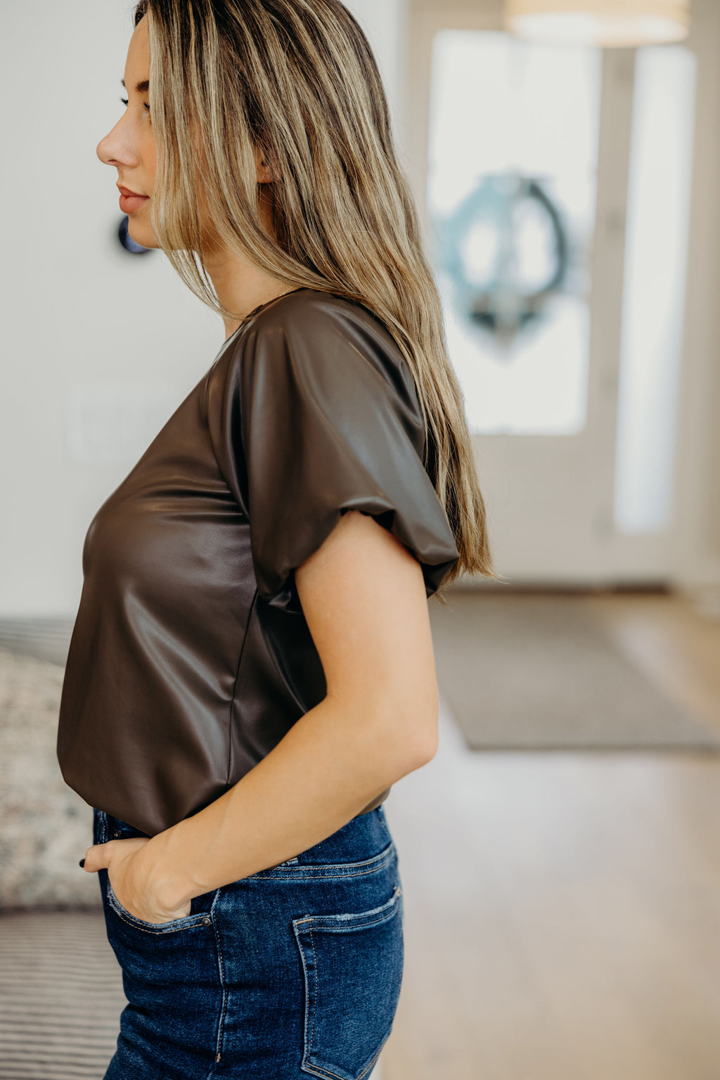 FAUX LEATHER TOP IN DRIFTWOOD FINAL SALE