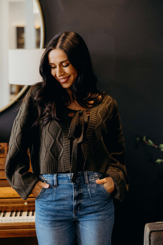 KNOTTED LONG SLEEVE CARDIGAN IN THYME LEAF