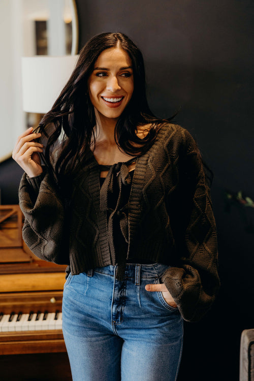 KNOTTED LONG SLEEVE CARDIGAN IN THYME LEAF