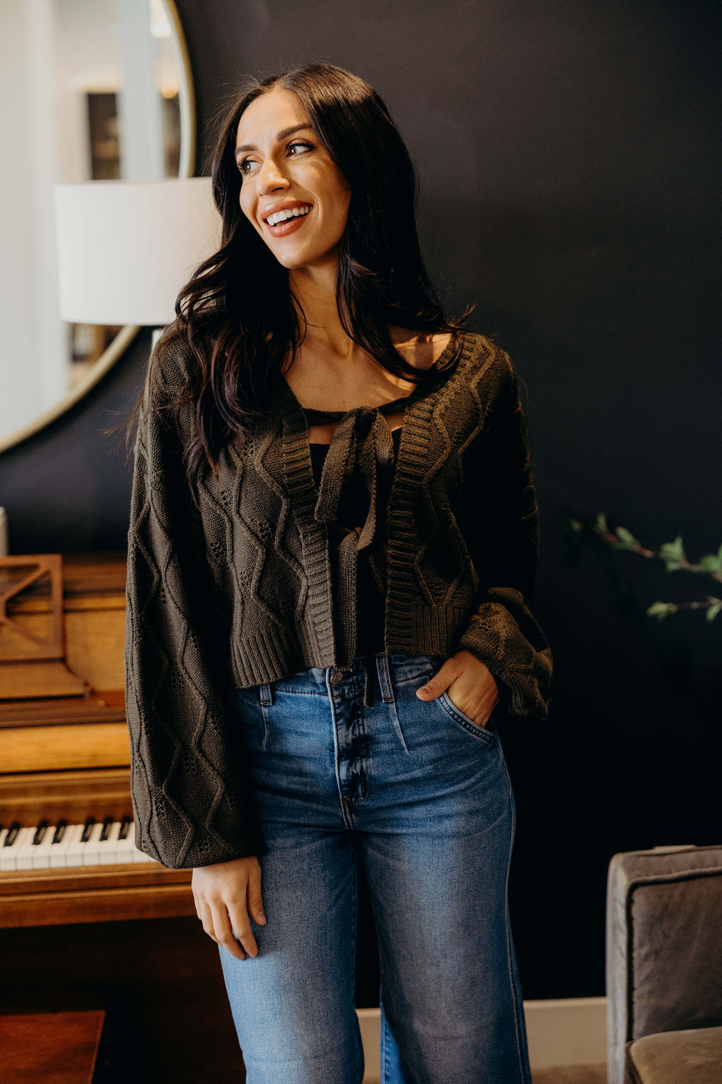 KNOTTED LONG SLEEVE CARDIGAN IN THYME LEAF