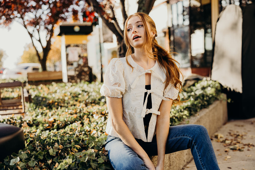 TIE FRONT LACE BLOUSE IN ANTIQUE CREAM FINAL SALE