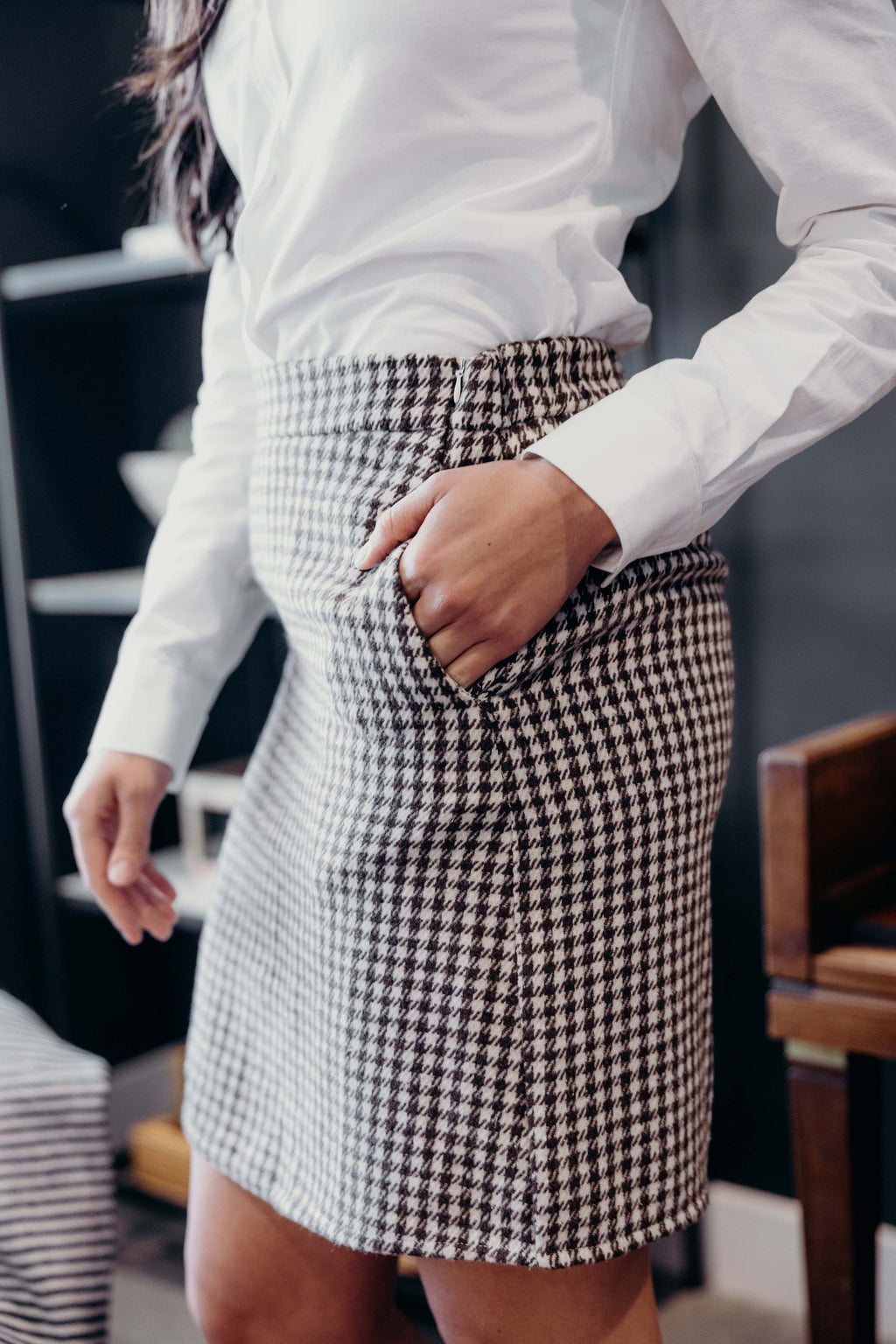 MINISKIRT IN OLIVE HOUNDSTOOTH FINAL SALE