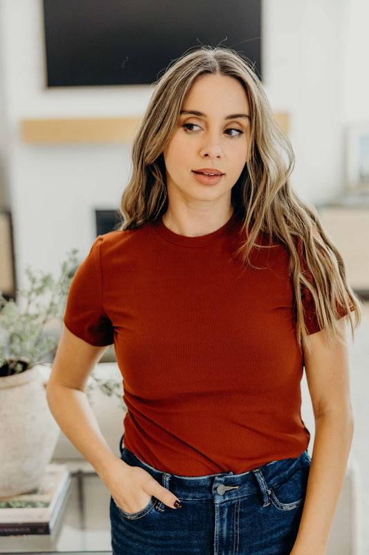 SHORT SLEEVE RIBBED TEE IN SMOKED PAPRIKA