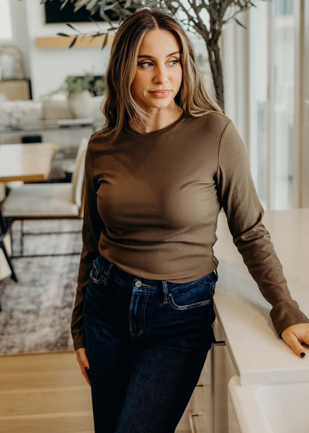 HIGH NECK LONG SLEEVE TEE IN DRIED SAGE FINAL SALE