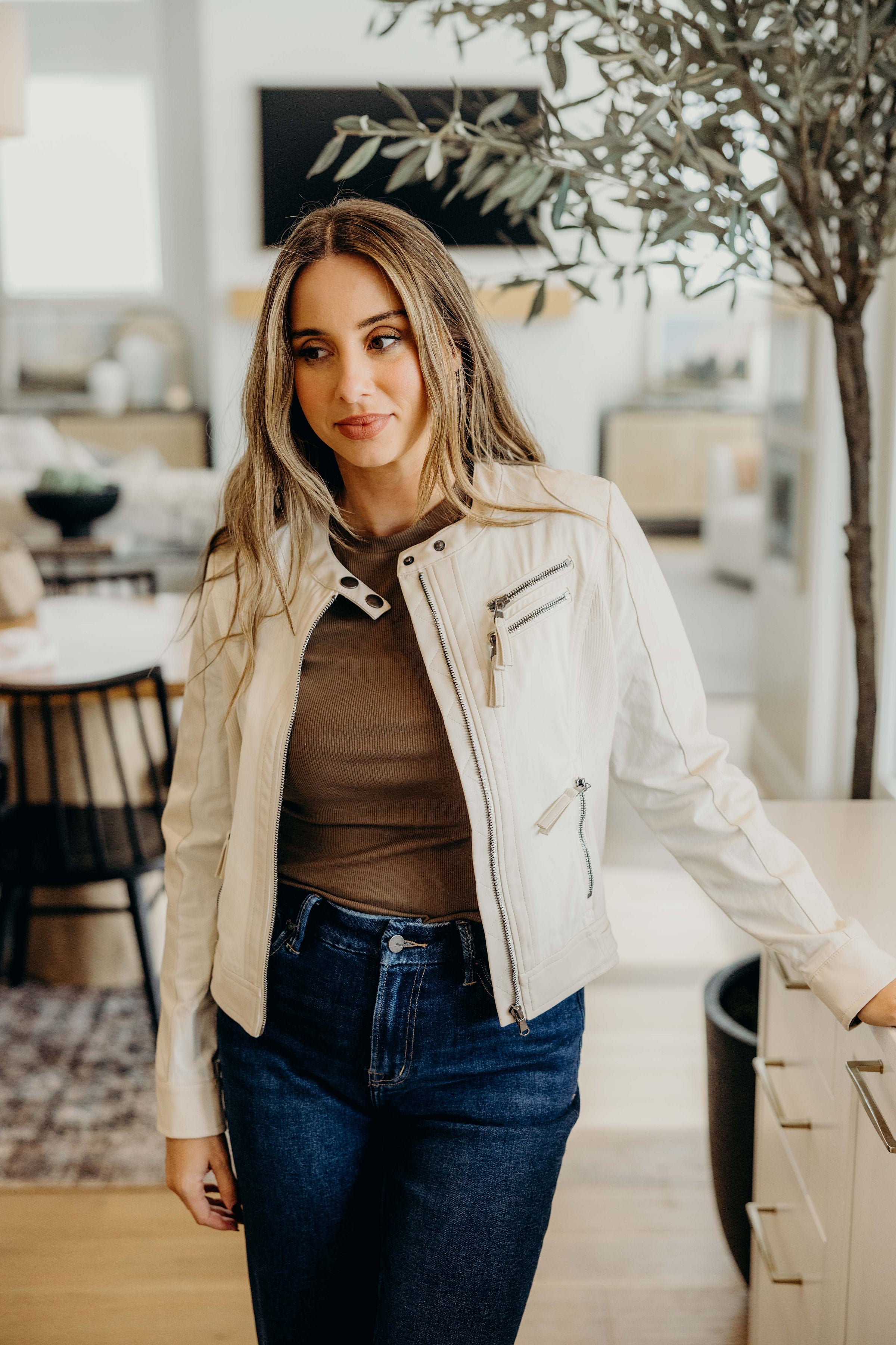 MOTO FAUX LEATHER JACKET IN WINTER WHITE FINAL SALE