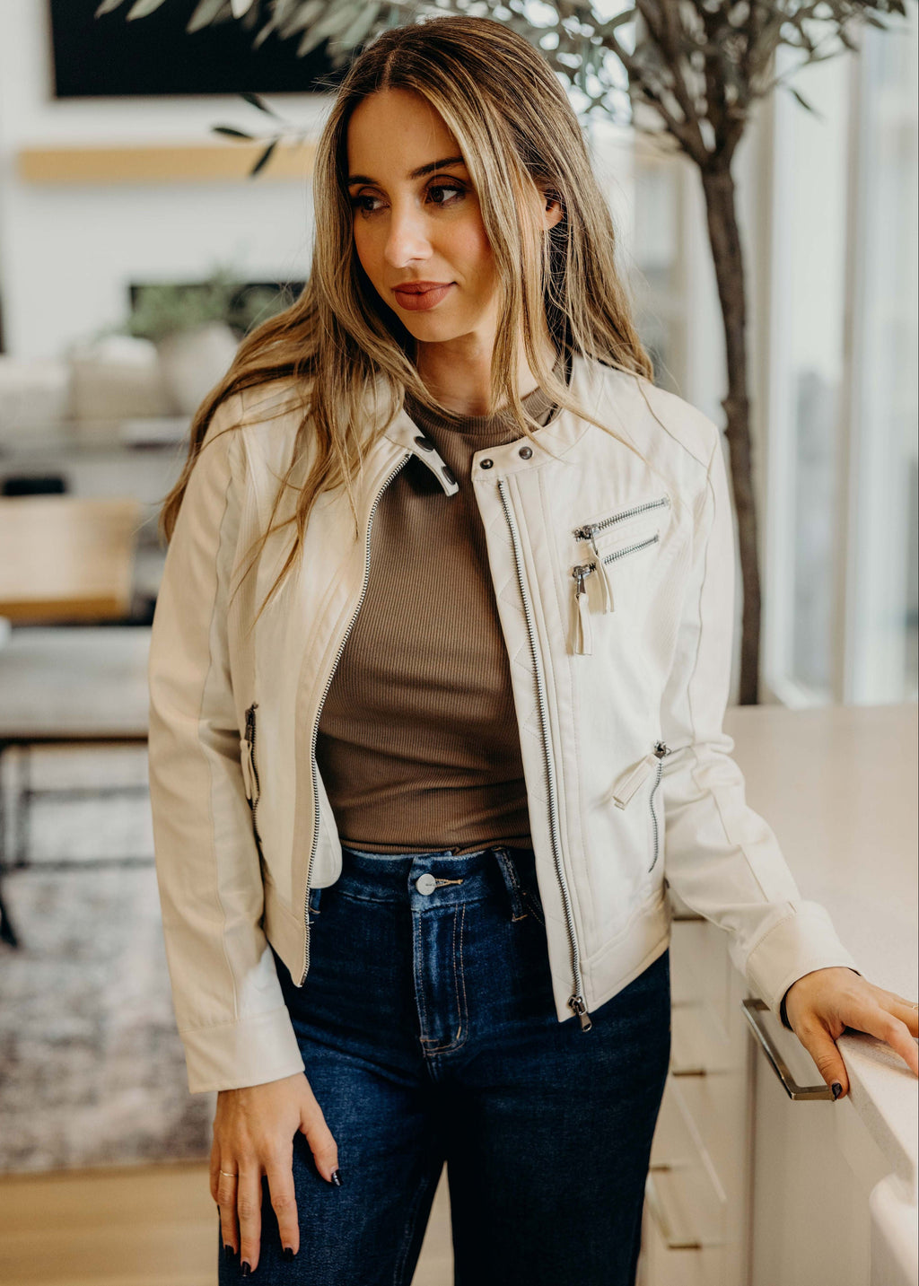 MOTO FAUX LEATHER JACKET IN WINTER WHITE FINAL SALE